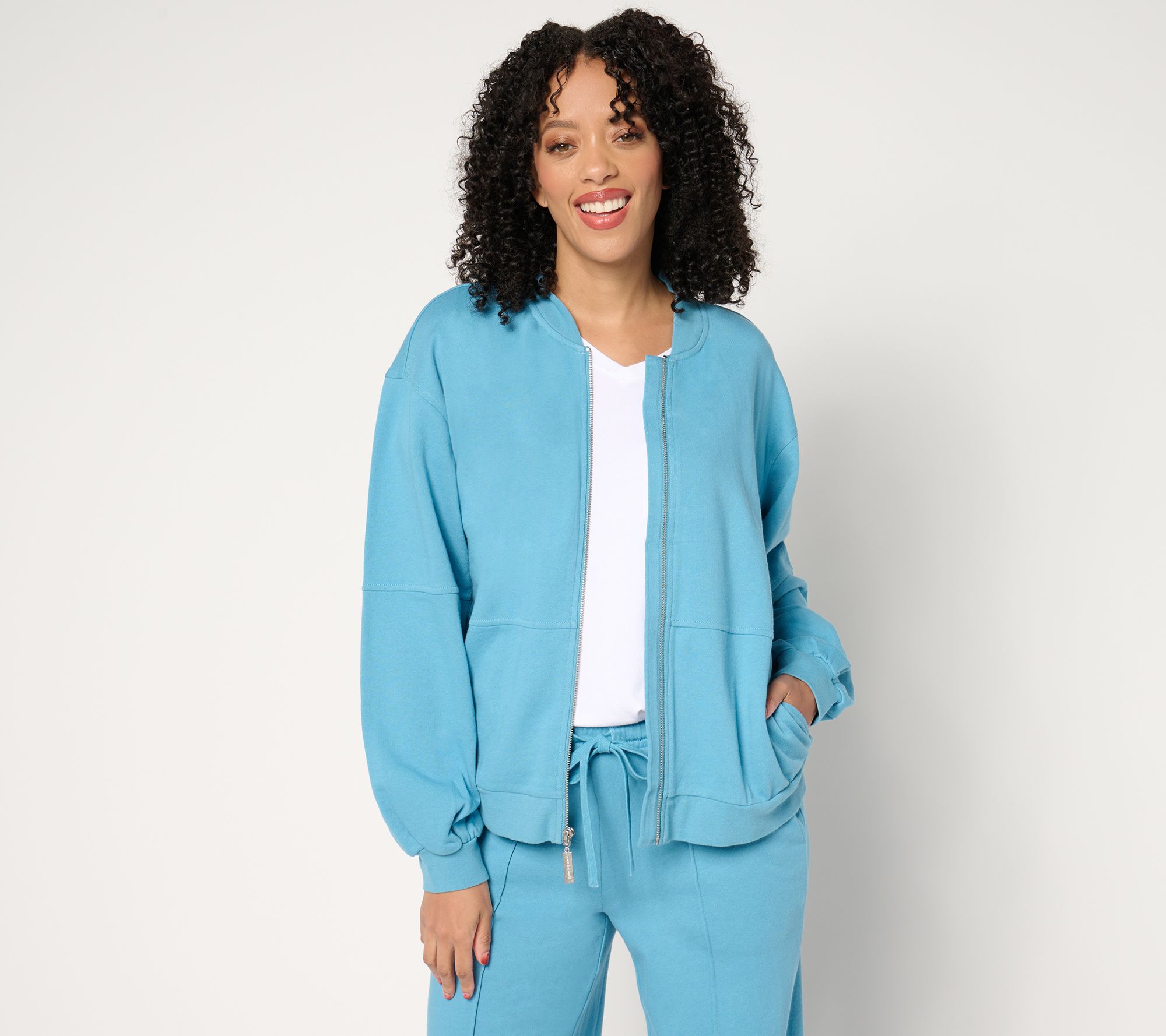 "As Is" Peace Love World French Terry Zip Front Bomber Jacket