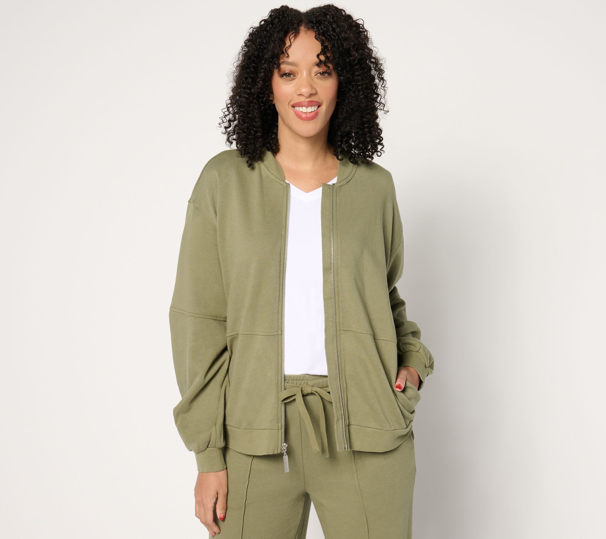 "As Is" Peace Love World French Terry Zip Front Bomber Jacket