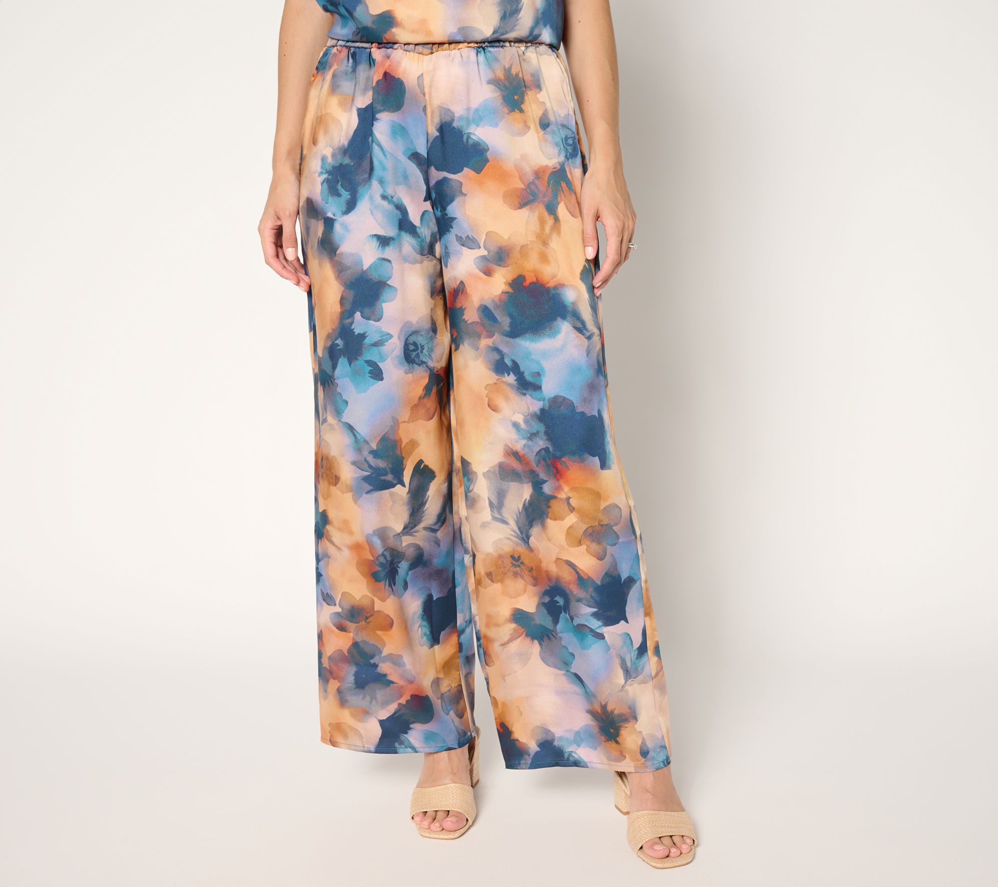 Susan Graver Petite Printed Satin Twill Wide Leg Pants