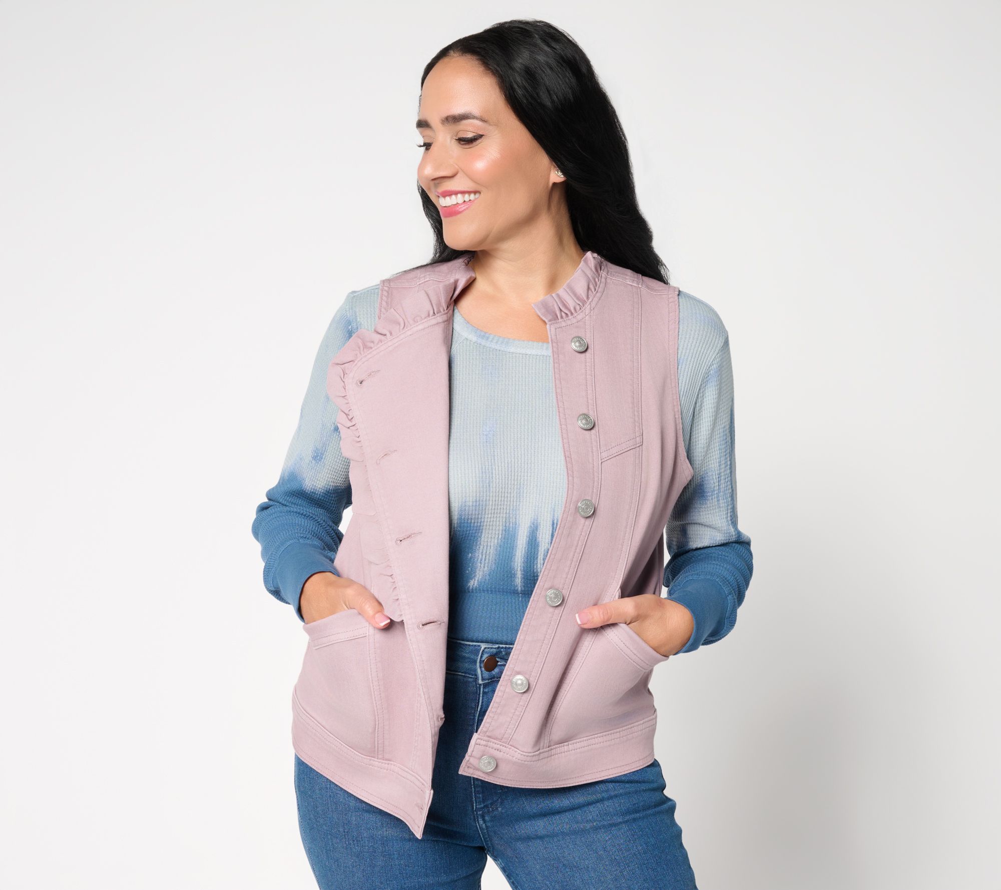 LOGO by Lori Goldstein Denim Ruffle Vest - QVC.com