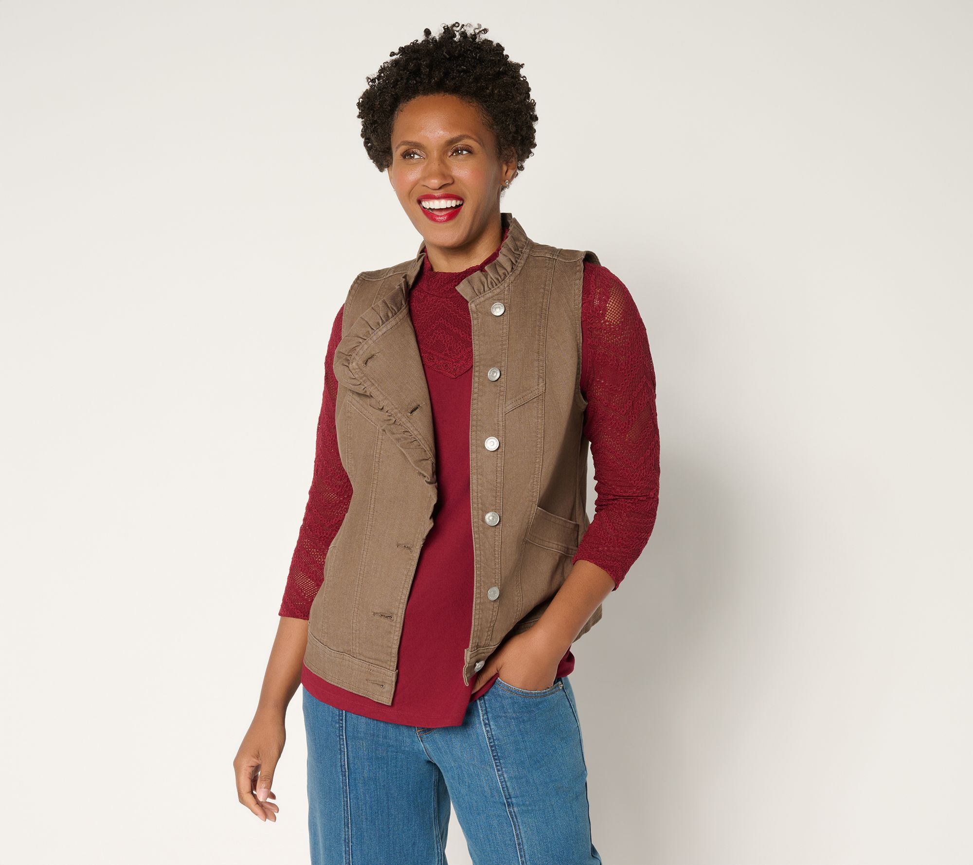 LOGO by Lori Goldstein Denim Ruffle Vest