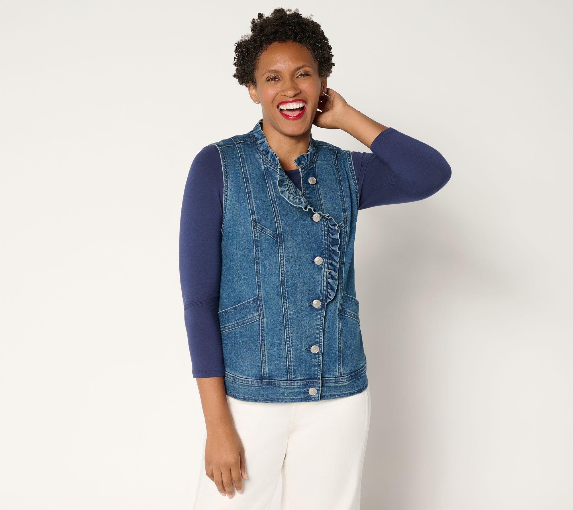 LOGO by Lori Goldstein Denim Ruffle Vest