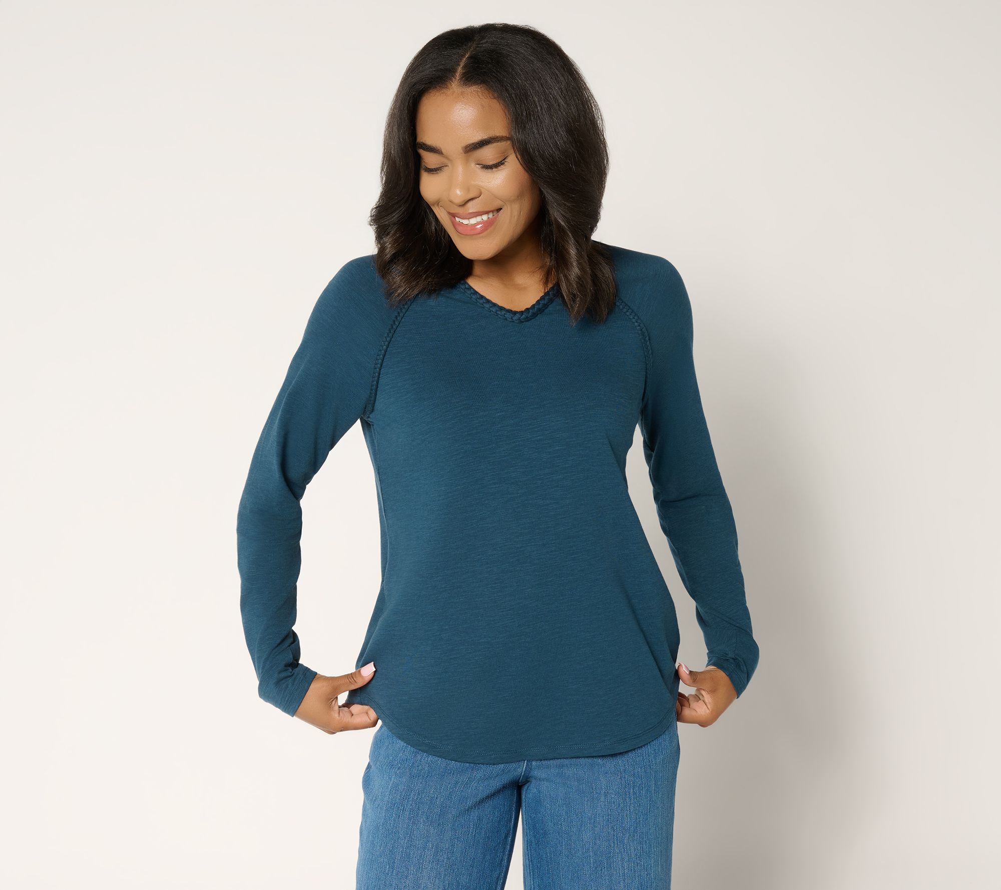 Belle Boho by Kim Gravel Slub Knit Braided Raglan V-Neck Top