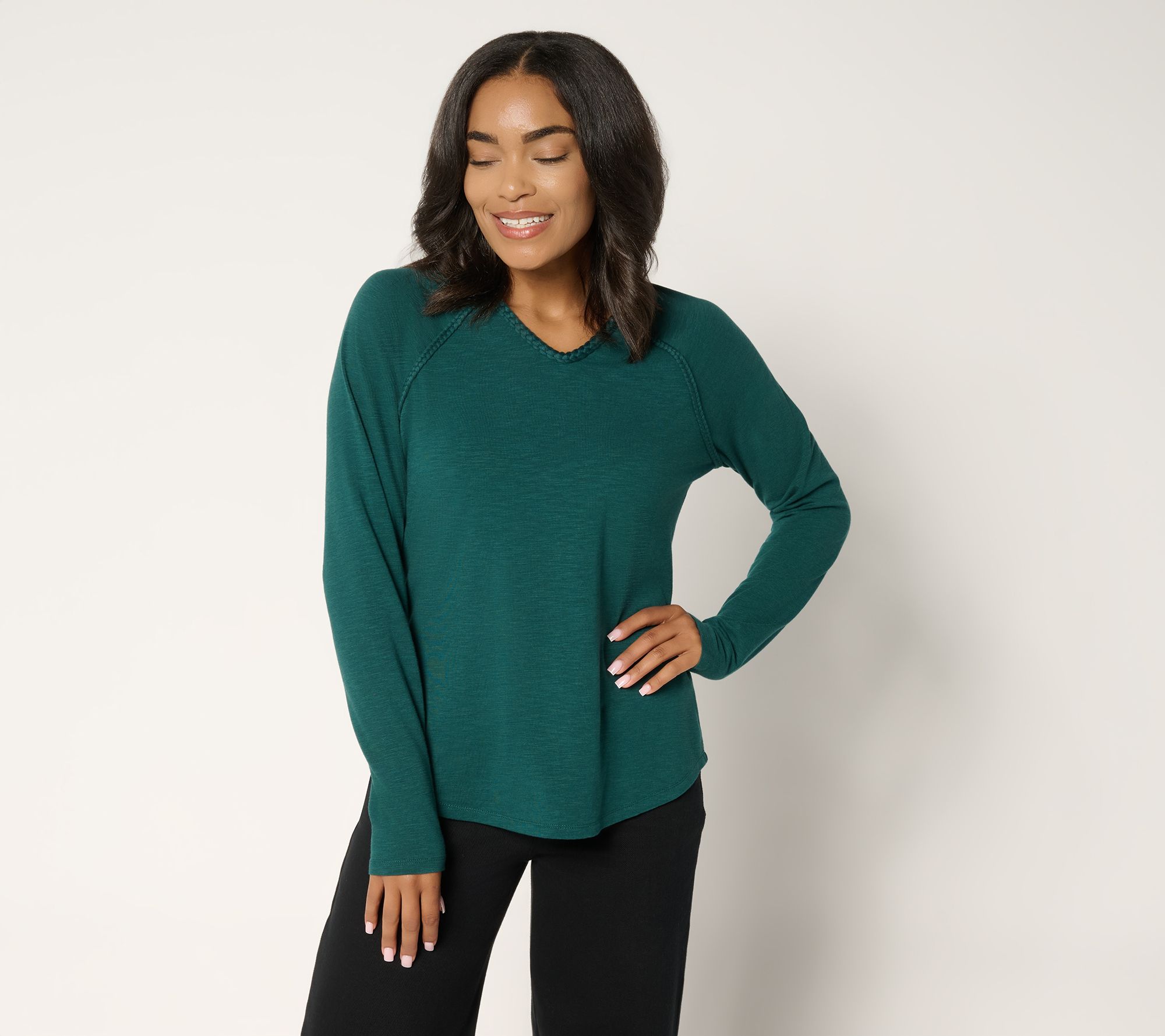 Belle Boho by Kim Gravel Slub Knit Braided Raglan V-Neck Top