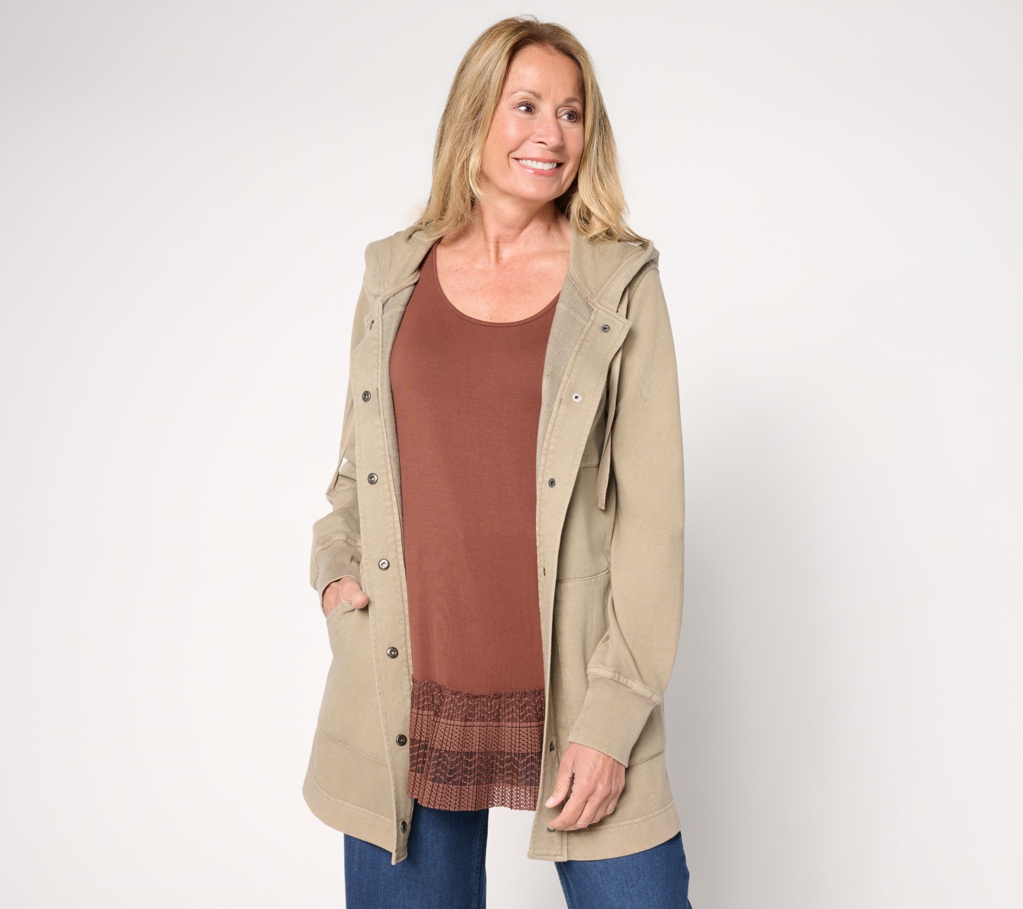 LOGO by Lori Goldstein Petite Long Snap Front Hoodie