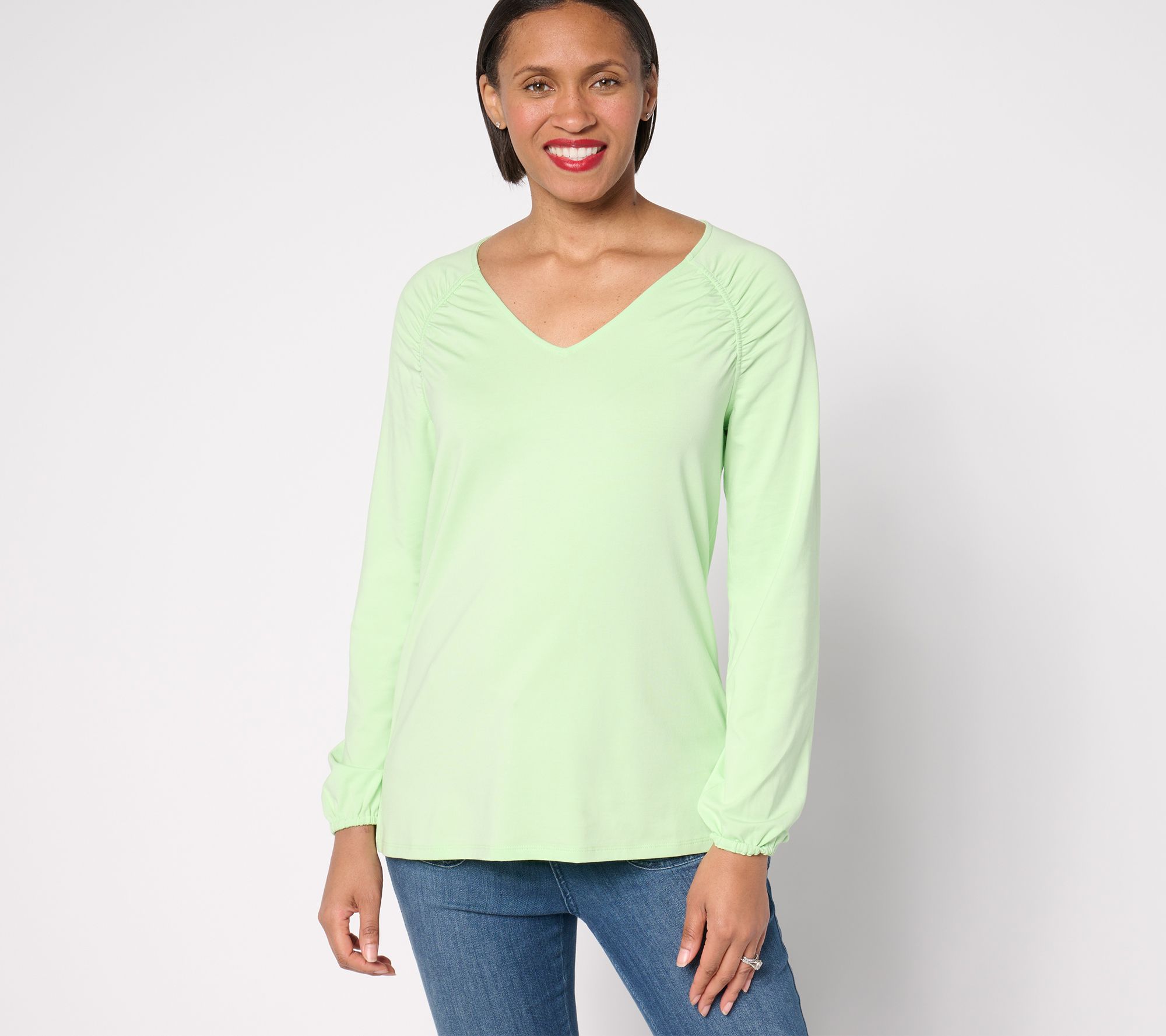 "As Is" Belle by Kim Gravel TripleLuxe Knit Ruched Shoulder V-Neck Top