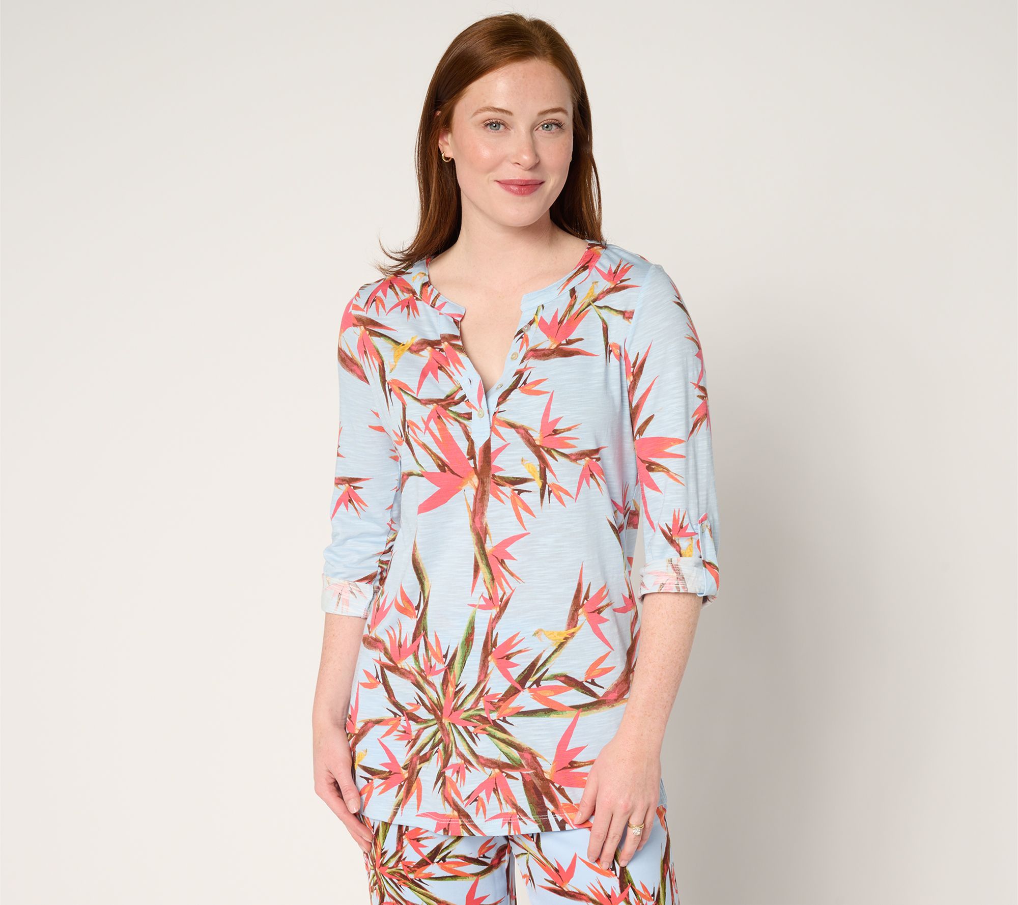 "As Is" nicole by Nicole Miller Slub Knit Henley Top w/Roll-Tab Slv