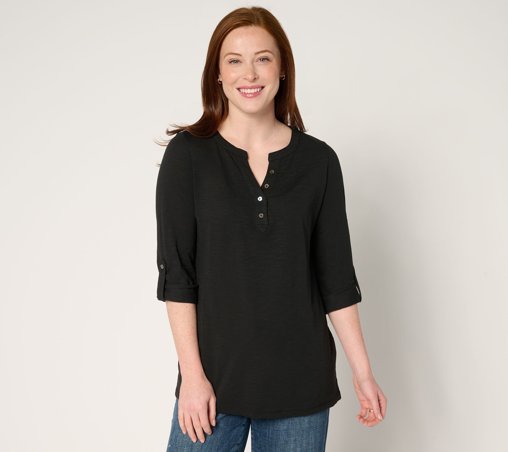 "As Is" nicole by Nicole Miller Slub Knit Henley Top w/Roll-Tab Slv