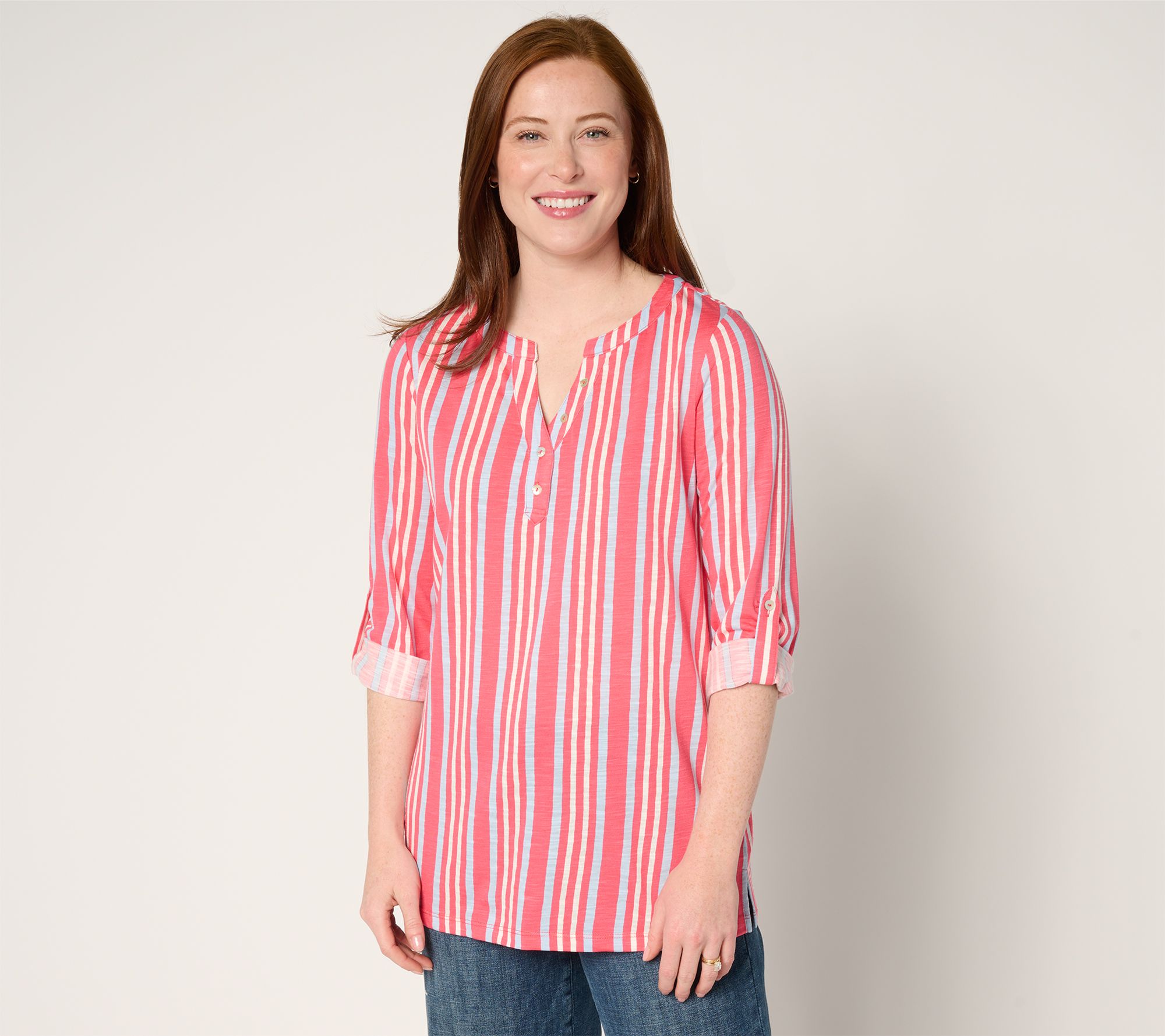 "As Is" nicole by Nicole Miller Slub Knit Henley Top w/Roll-Tab Slv