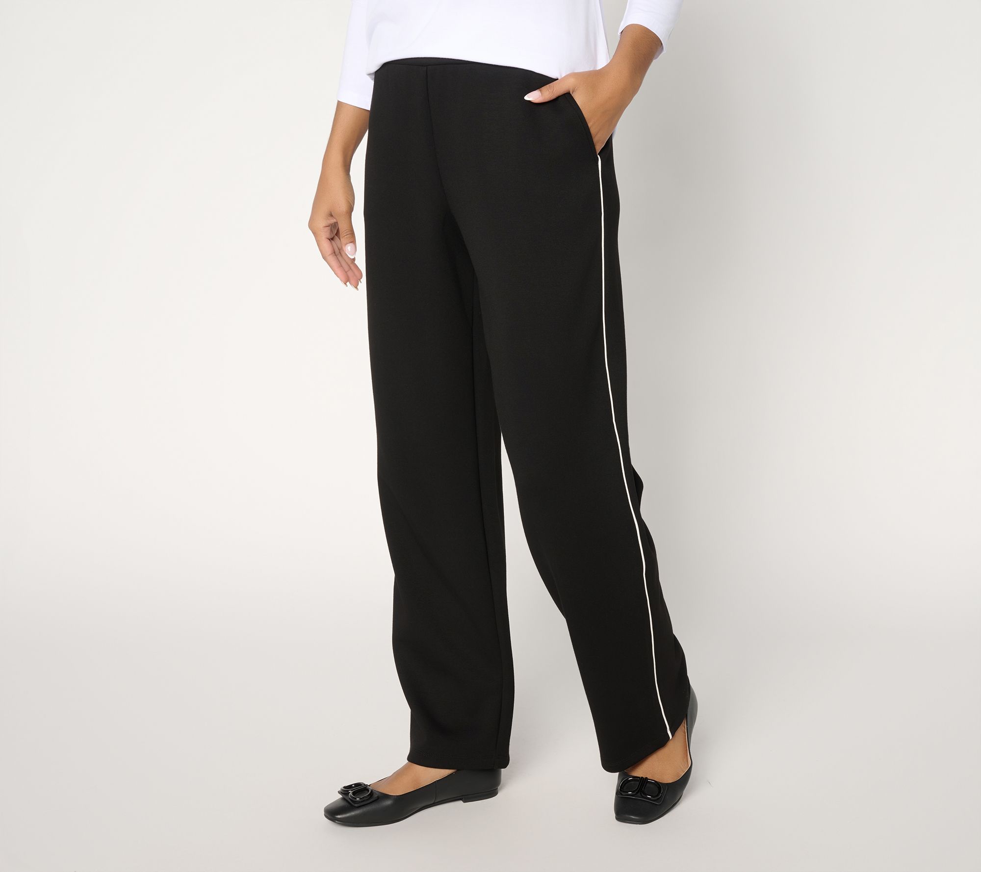 Susan Graver Weekend Petite Serene Knit Wide Leg Pant w/ Side Piping