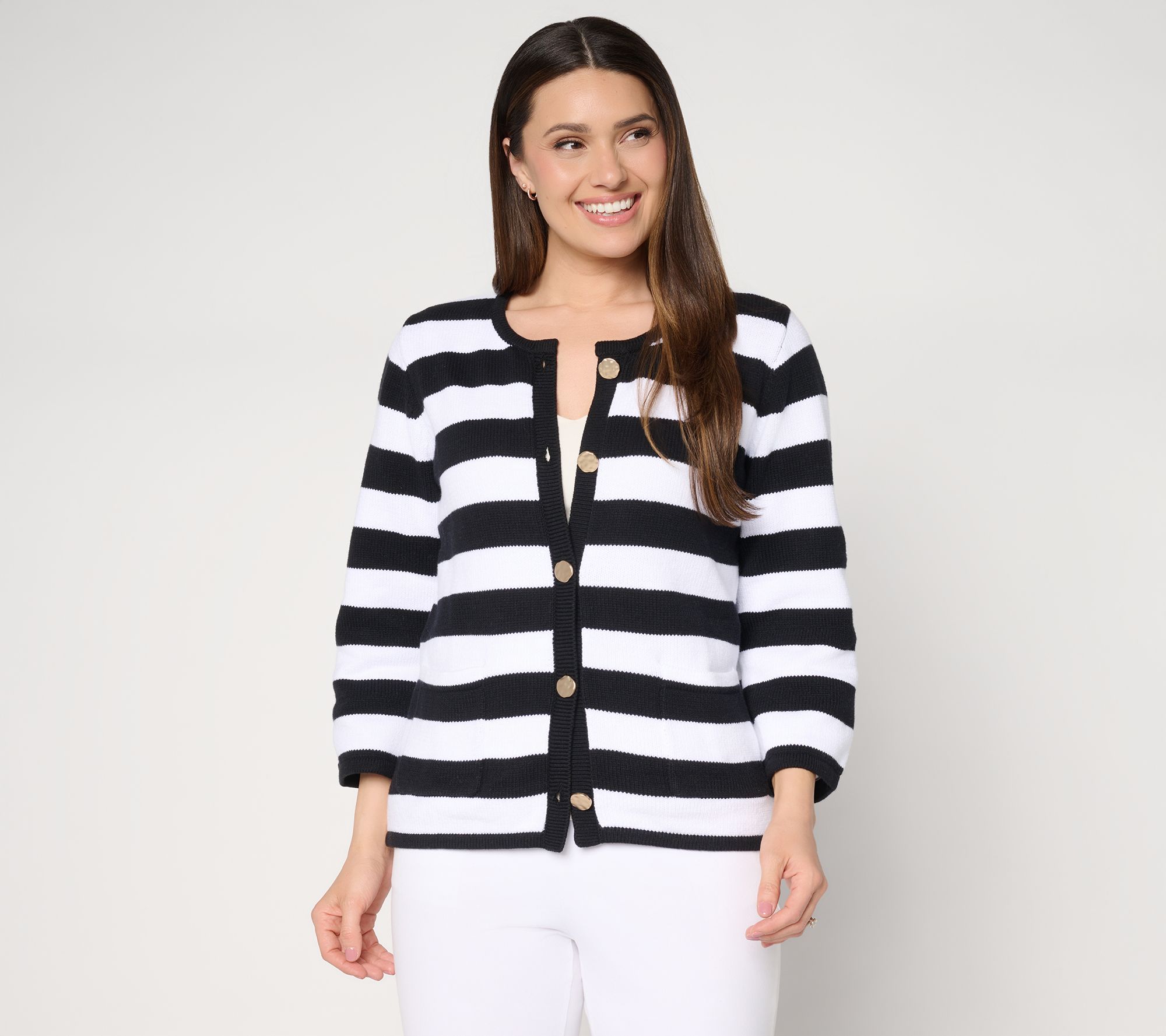 Dennis Basso Striped Sweater Top with Elbow Sleeves