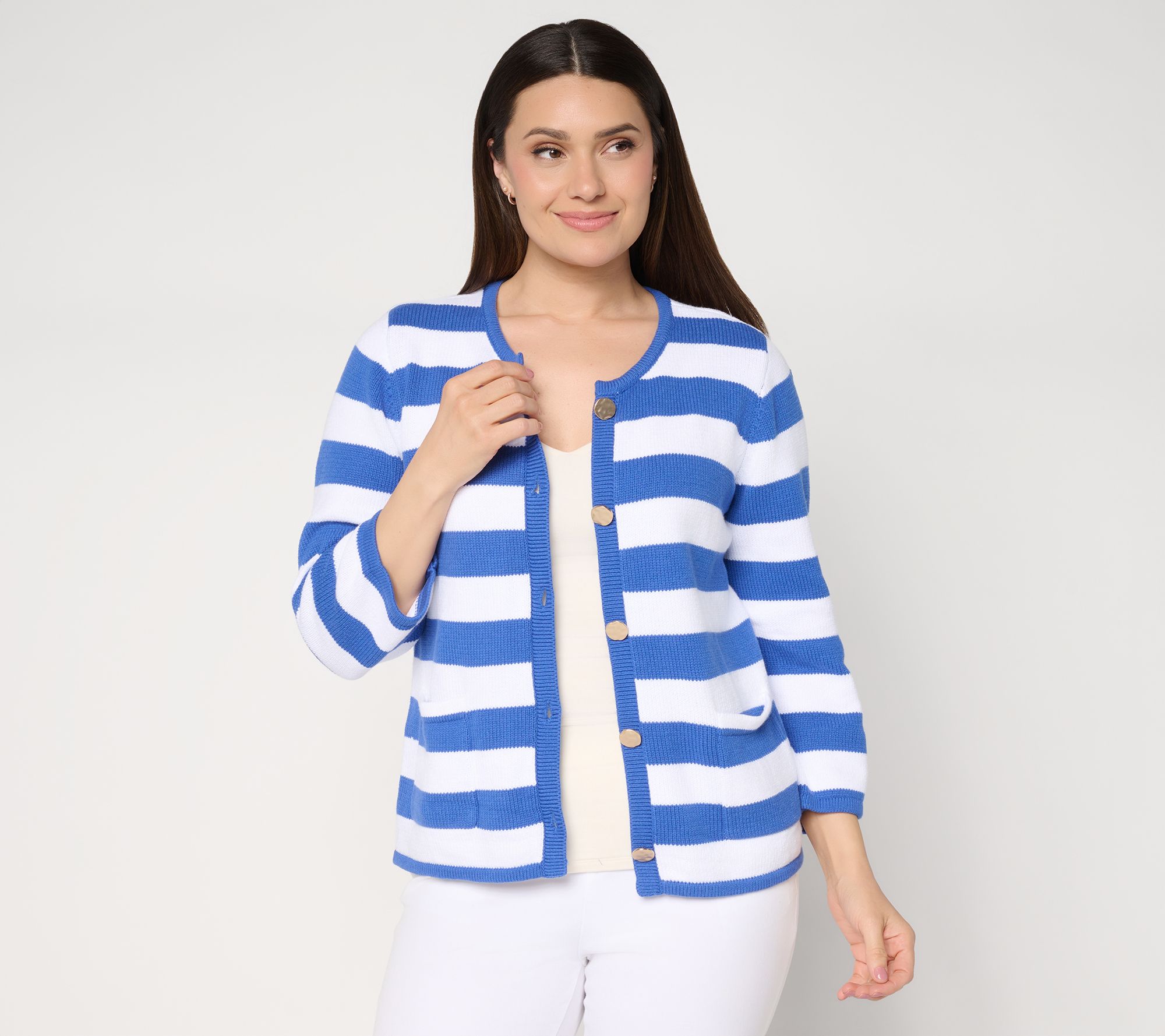 Dennis Basso Striped Sweater Top with Elbow Sleeves