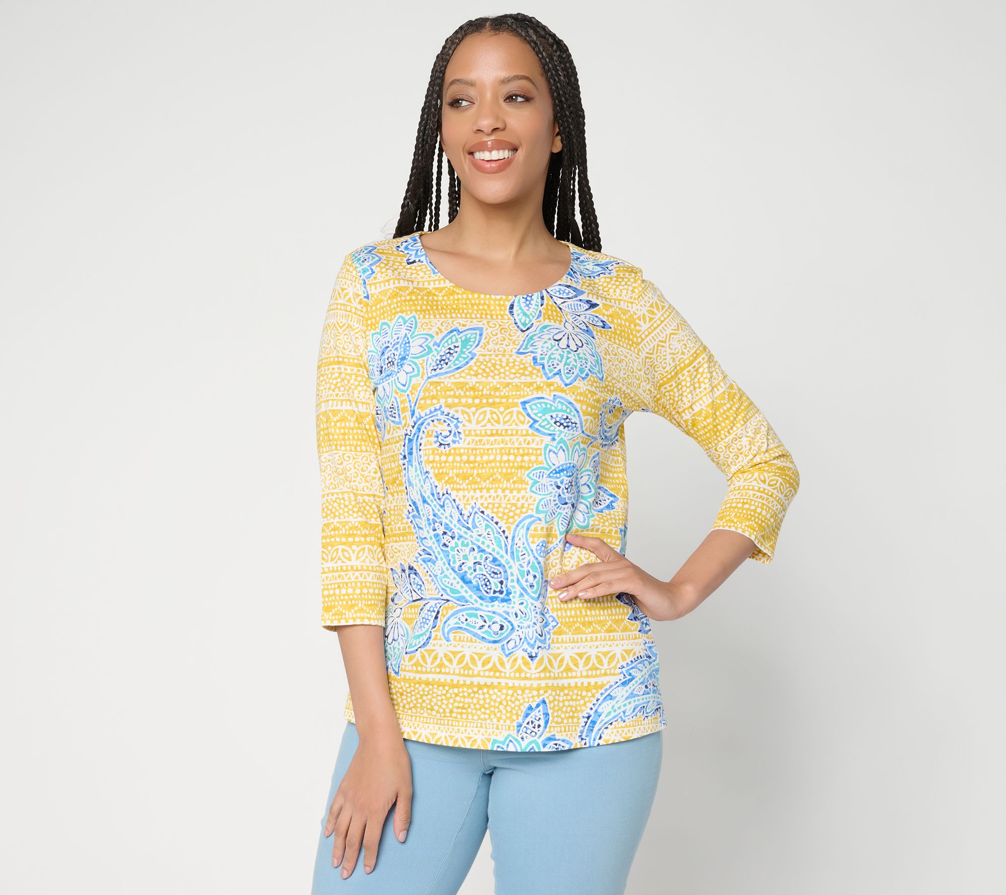 Belle Boho by Kim Gravel Slub Knit Indigo Bloom 3/4 Sleeve Top