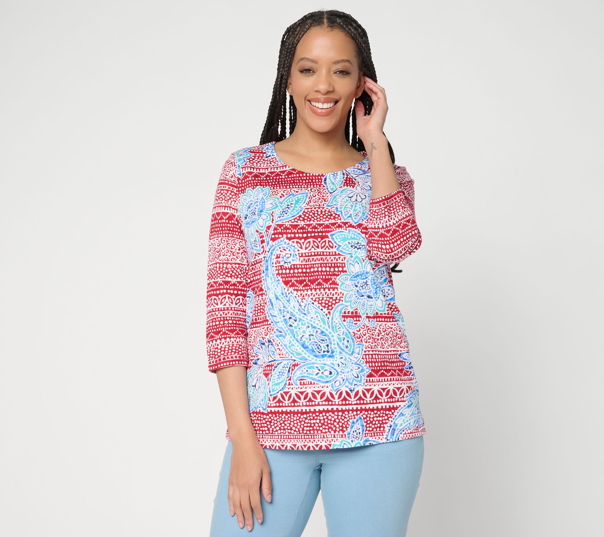 Belle Boho by Kim Gravel Slub Knit Indigo Bloom 3/4 Sleeve Top