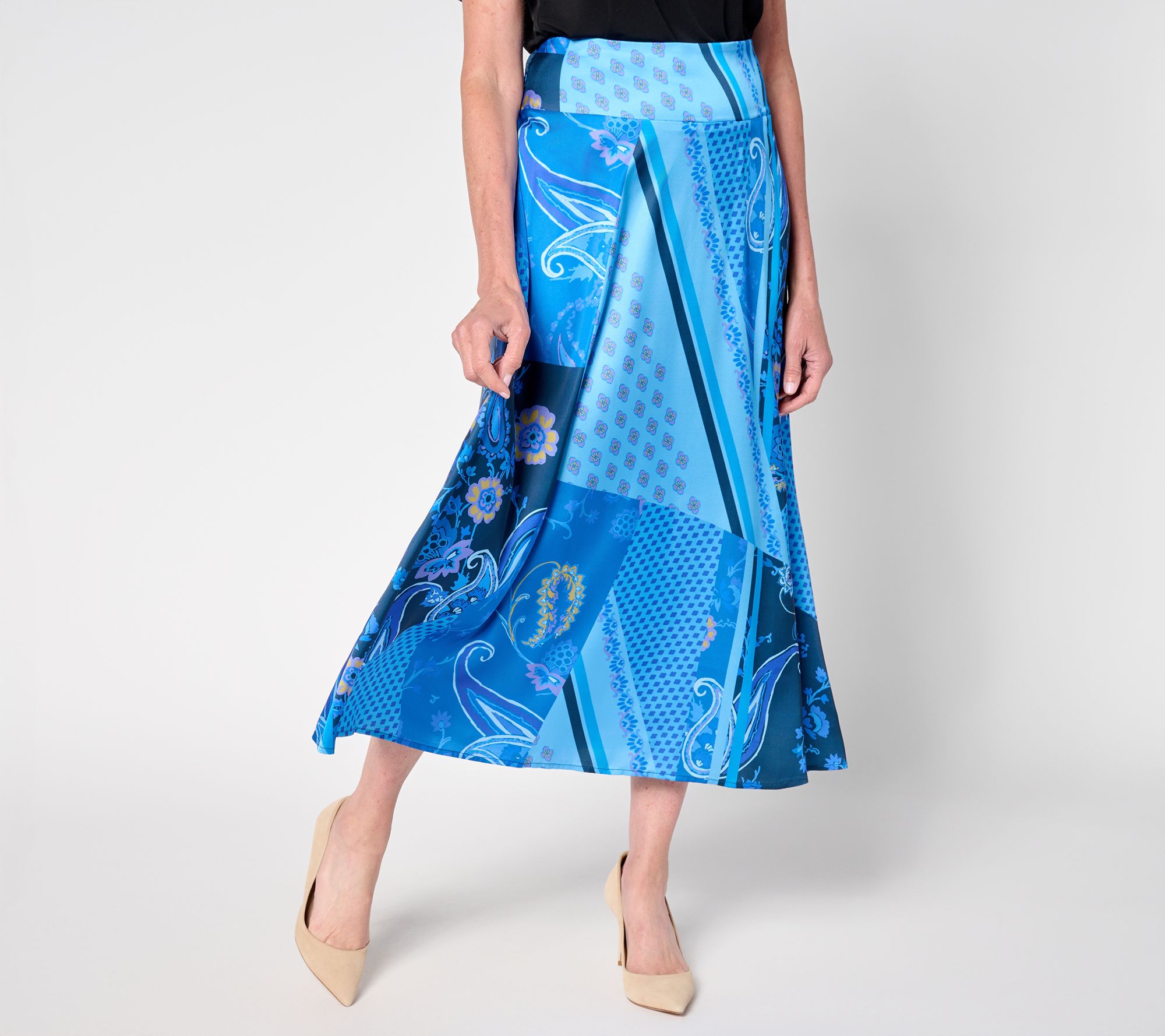 "As Is" Susan Graver Reg Printed Satin Midi Skirt