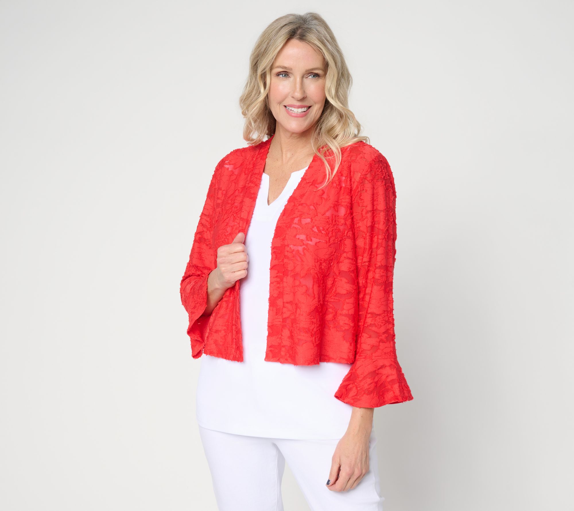 Susan Graver Burnout Knit Shrug with Bell Sleeve Cuff