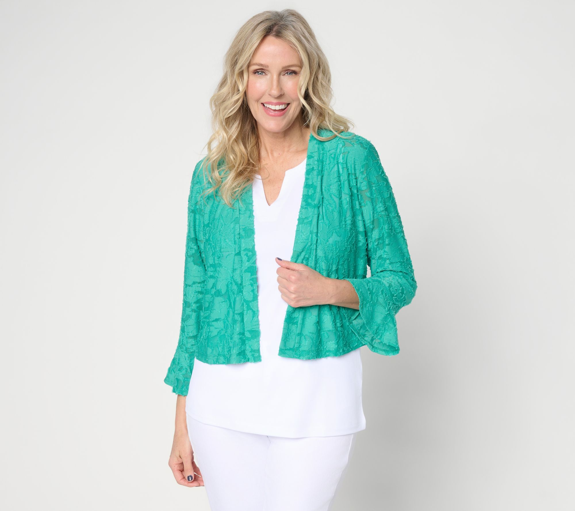 Susan Graver Burnout Knit Shrug with Bell Sleeve Cuff