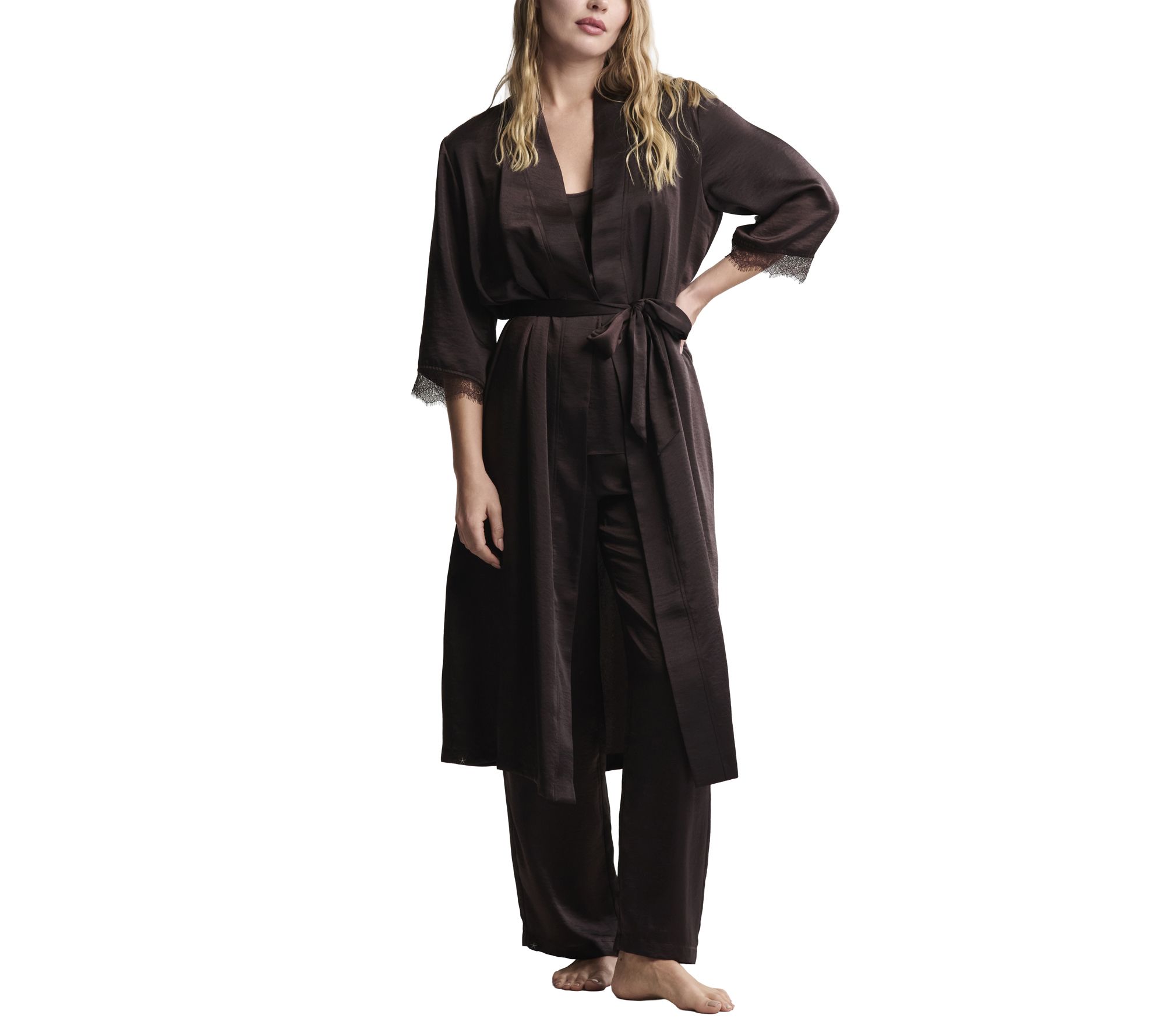 Barefoot Dreams Liquid Satin Lace Kimono Robe