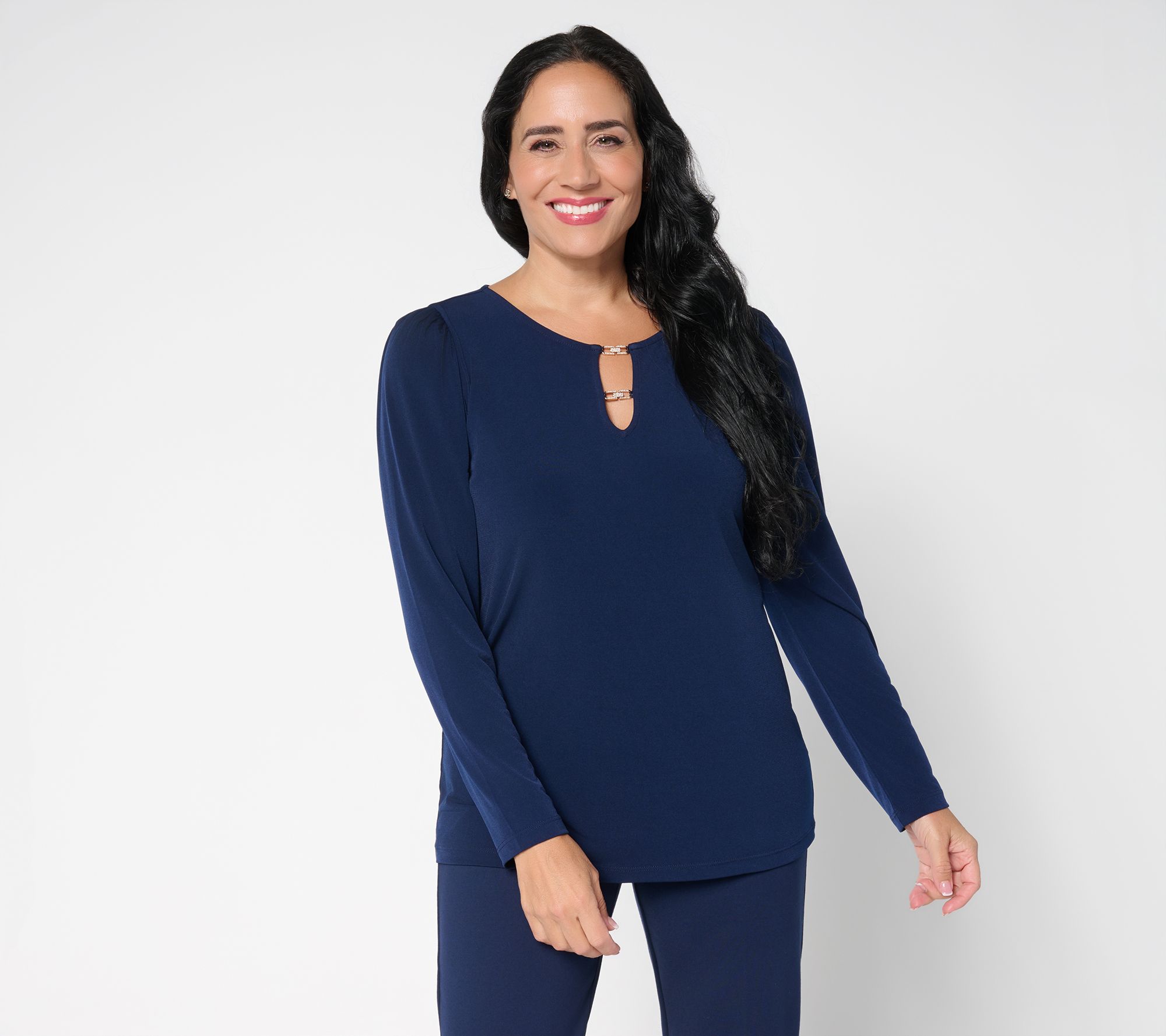 "As Is" Susan Graver Liquid Knit Long Sleeve Top with Embellish Trim