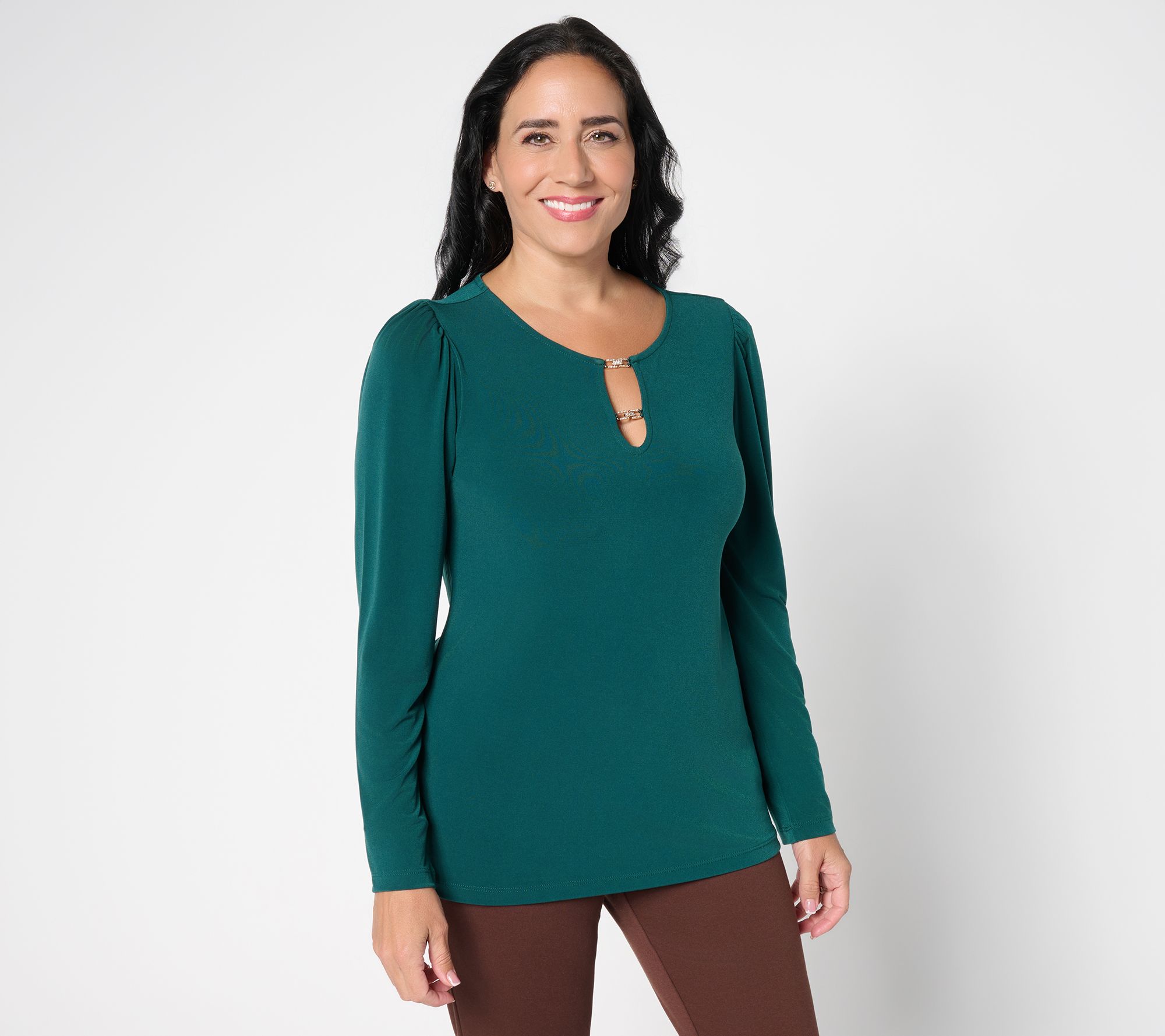 "As Is" Susan Graver Liquid Knit Long Sleeve Top with Embellish Trim