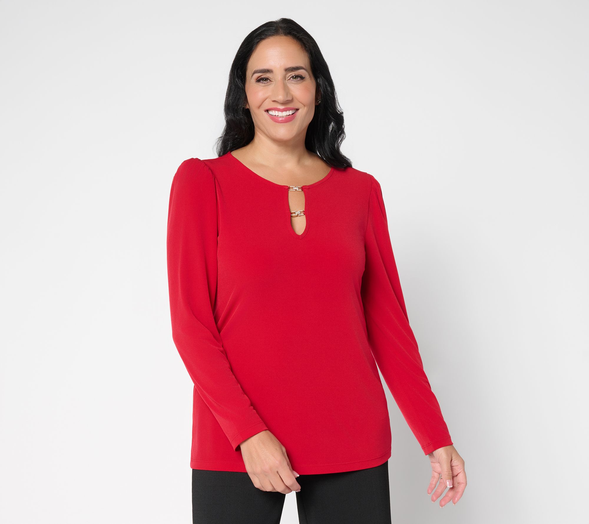 "As Is" Susan Graver Liquid Knit Long Sleeve Top with Embellish Trim