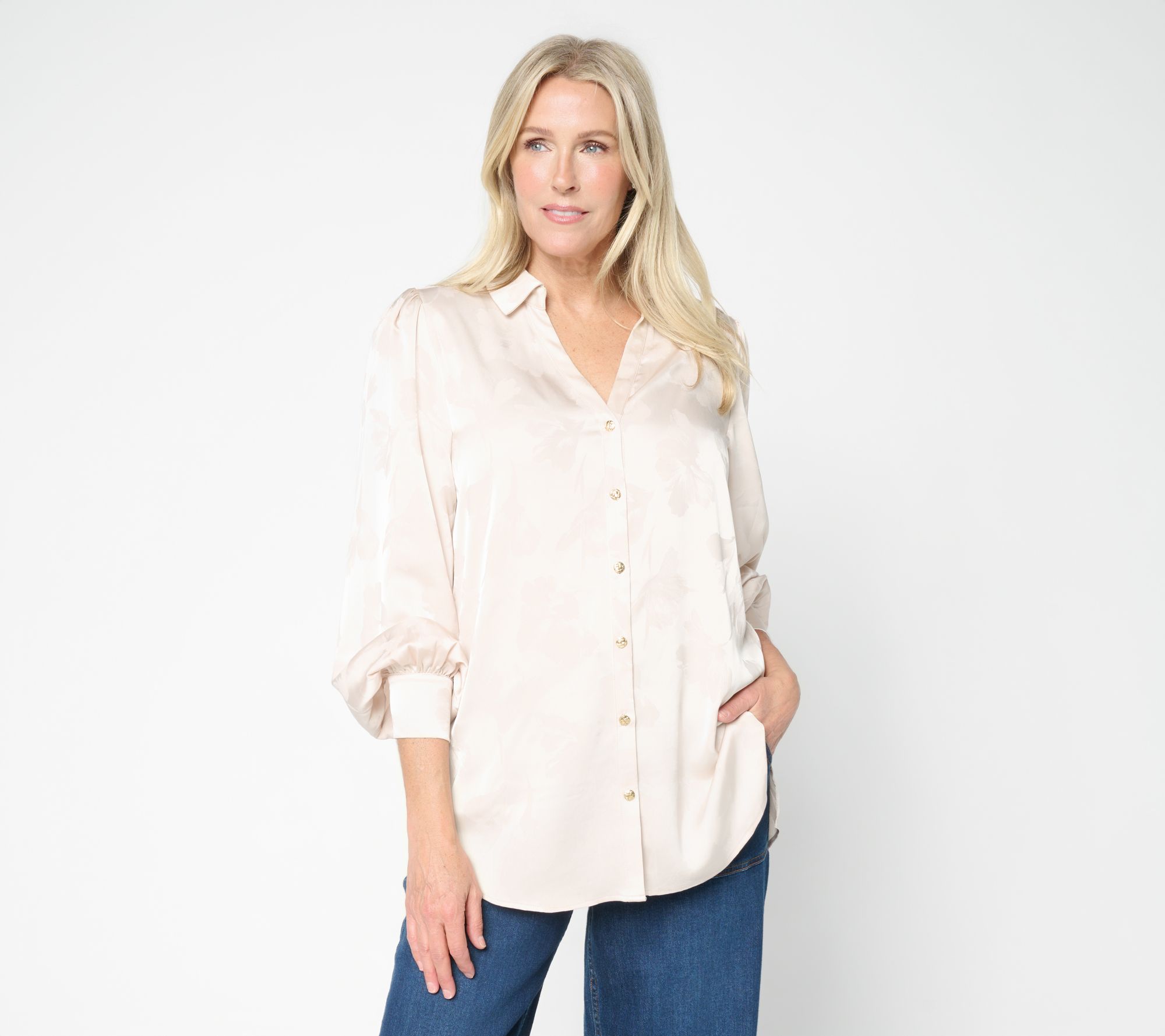 "As Is" Dennis Basso Petite Jacquard Button Front Tunic w/ Y-Neck