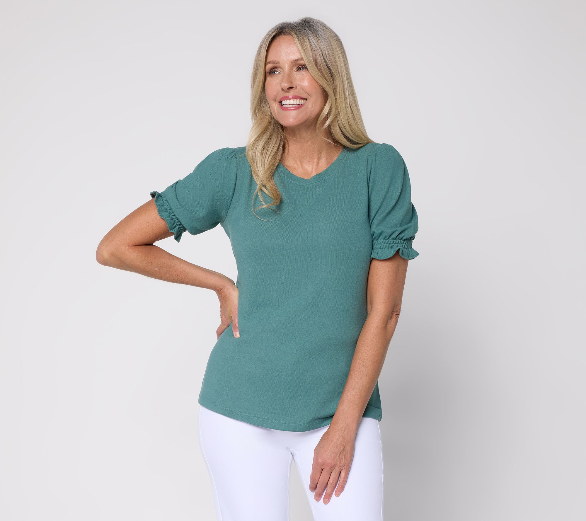 Denim & Co. Heavenly Jersey Elbow Sleeve Top with Smocked Cuffs