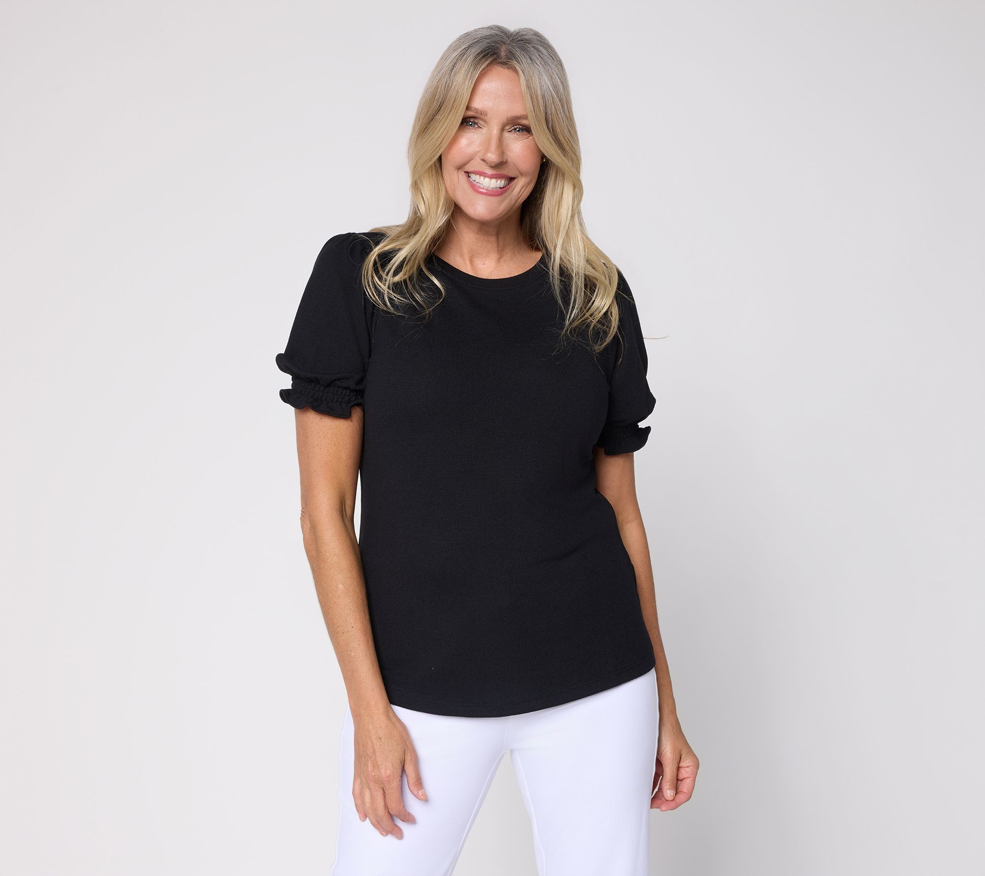 Denim & Co. Heavenly Jersey Elbow Sleeve Top with Smocked Cuffs