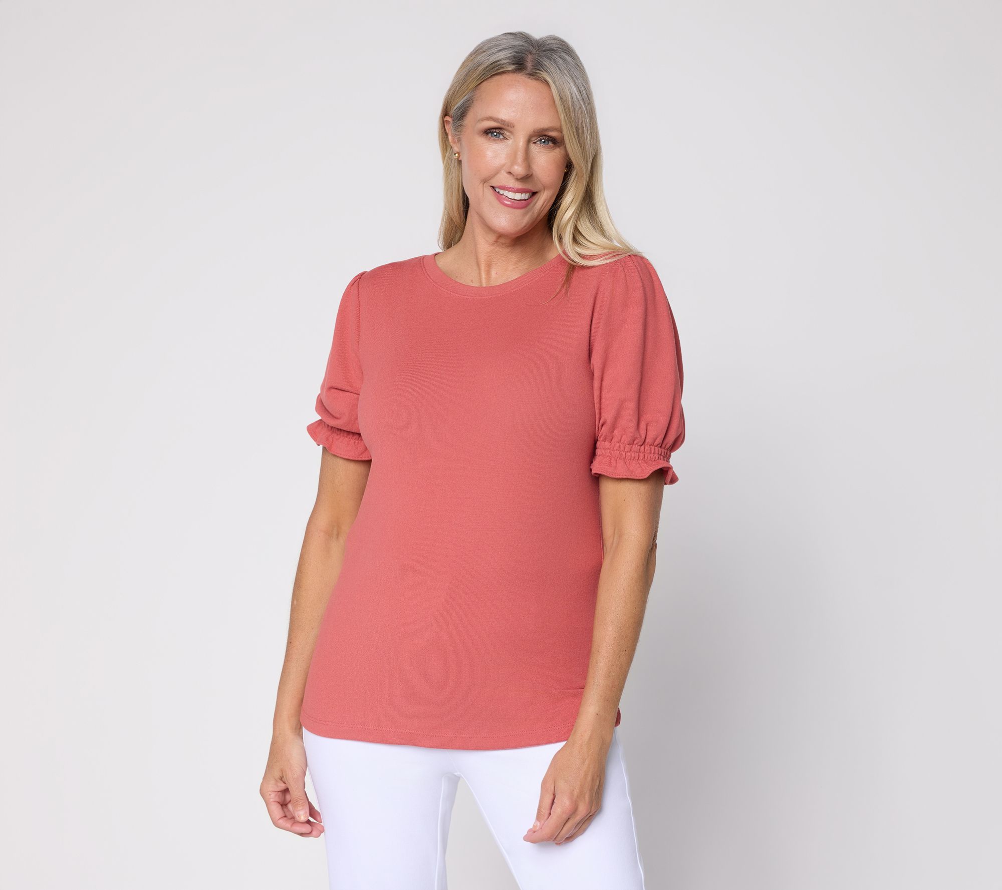 Denim & Co. Heavenly Jersey Elbow Sleeve Top with Smocked Cuffs