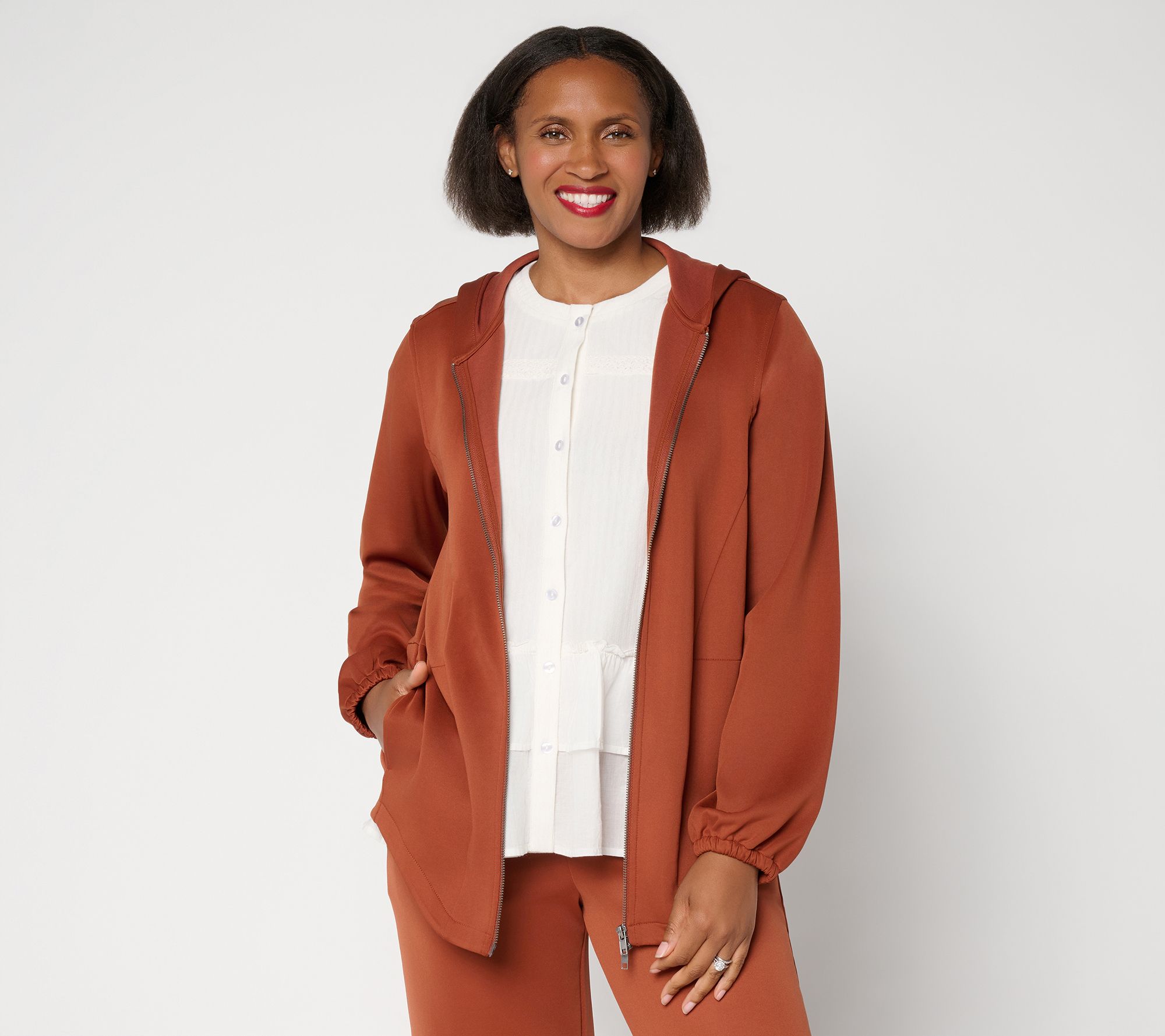 LOGO by Lori Goldstein Zip Front Long Hooded Jacket