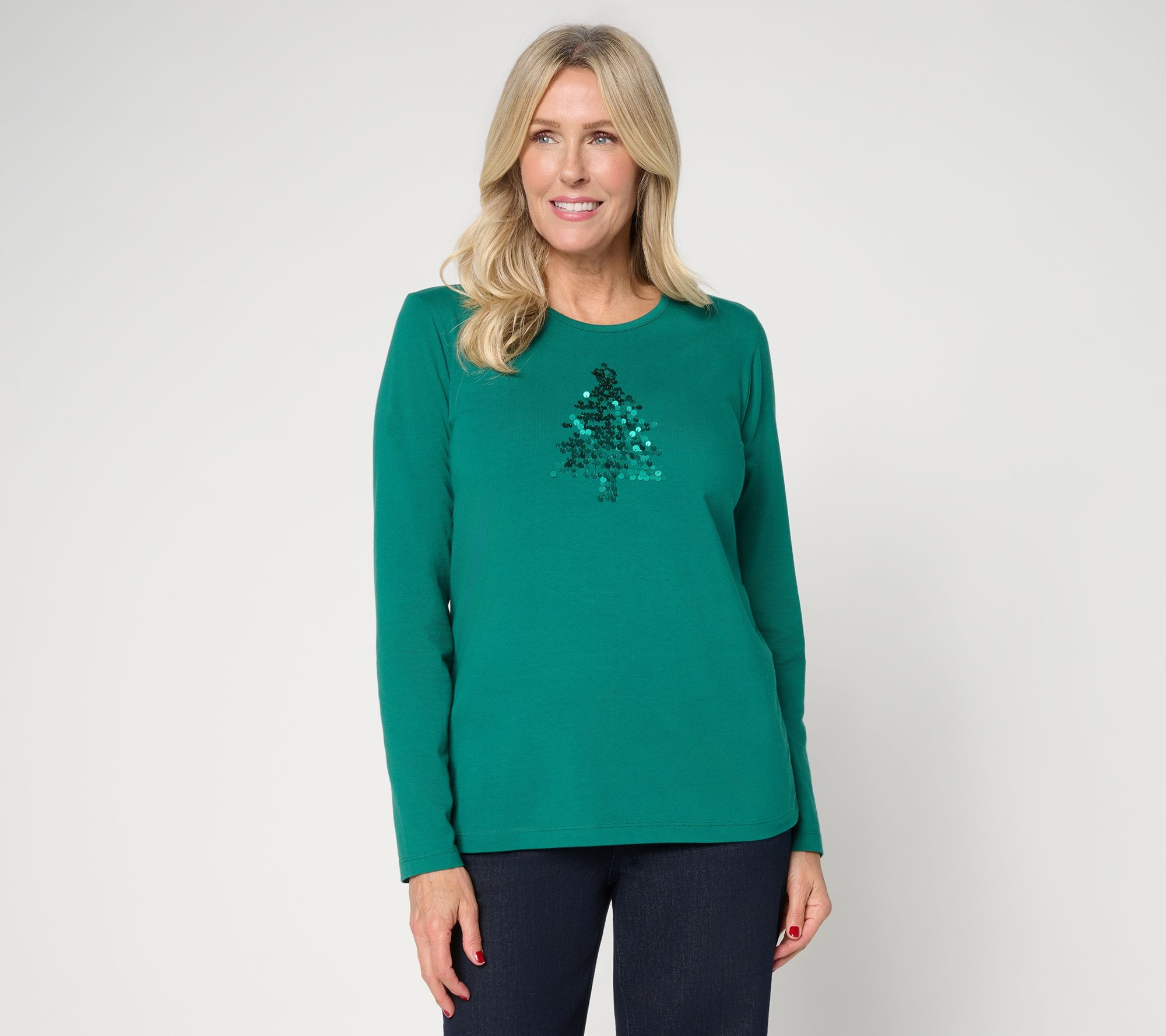 "As Is" Denim & Co. Jersey Round Neck Sequin Motif Long Sleeve Top