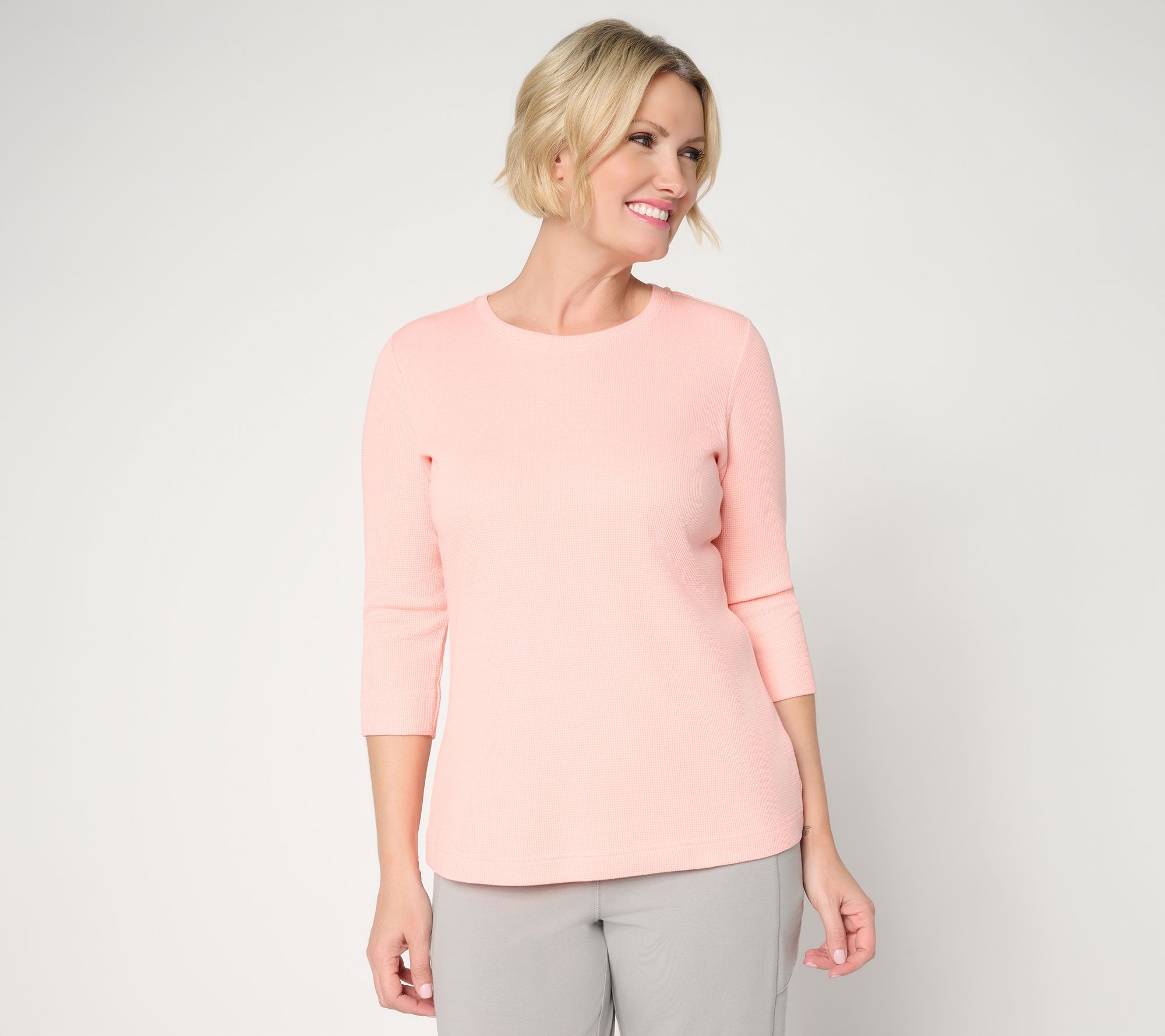 "As Is" Denim & Co. Essentials Waffle Knit 3/4 Sleeve Round Neck Top