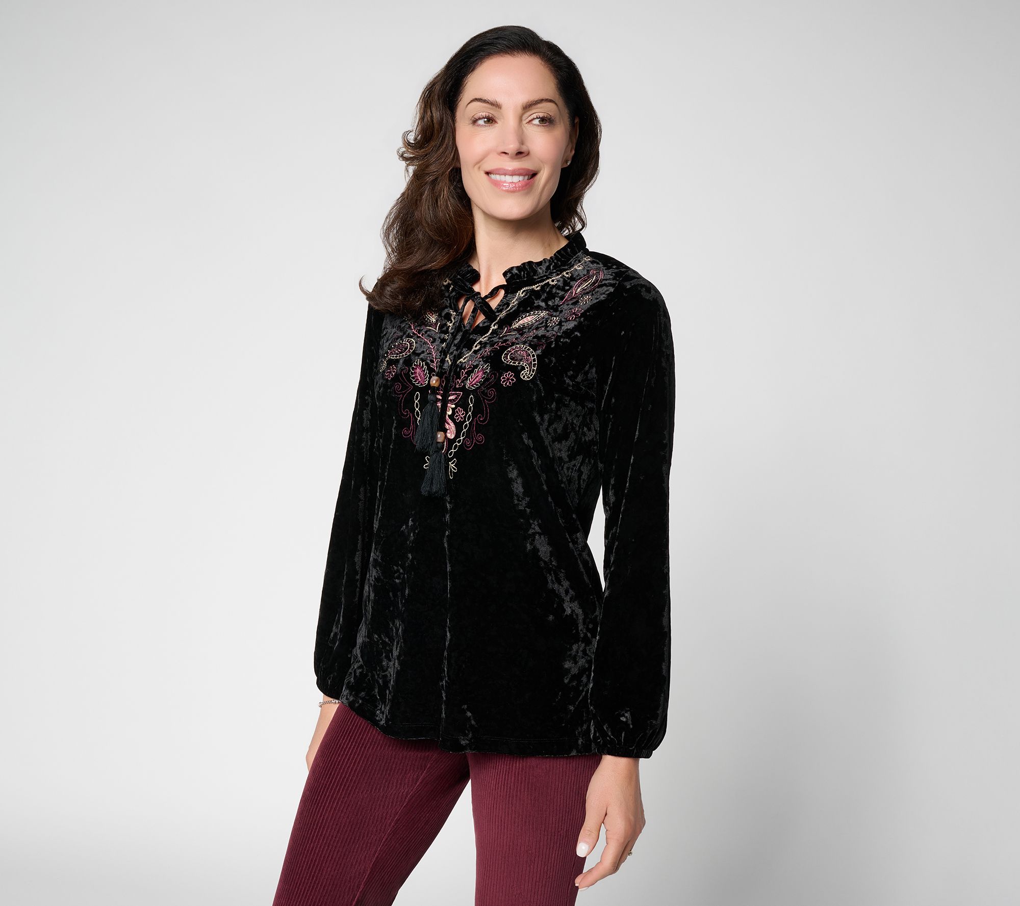 Belle Boho by Kim Gravel Crushed Velvet Garden Embroidered Top