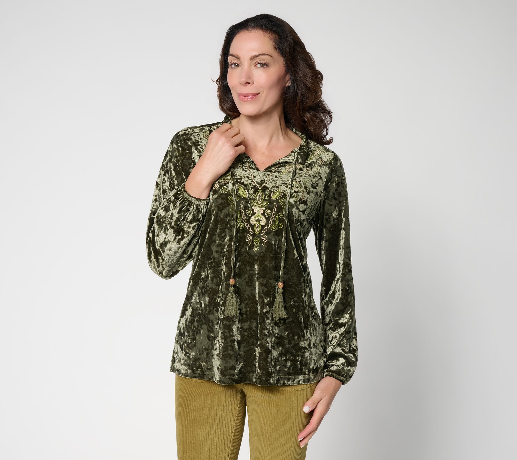 Belle Boho by Kim Gravel Crushed Velvet Garden Embroidered Top