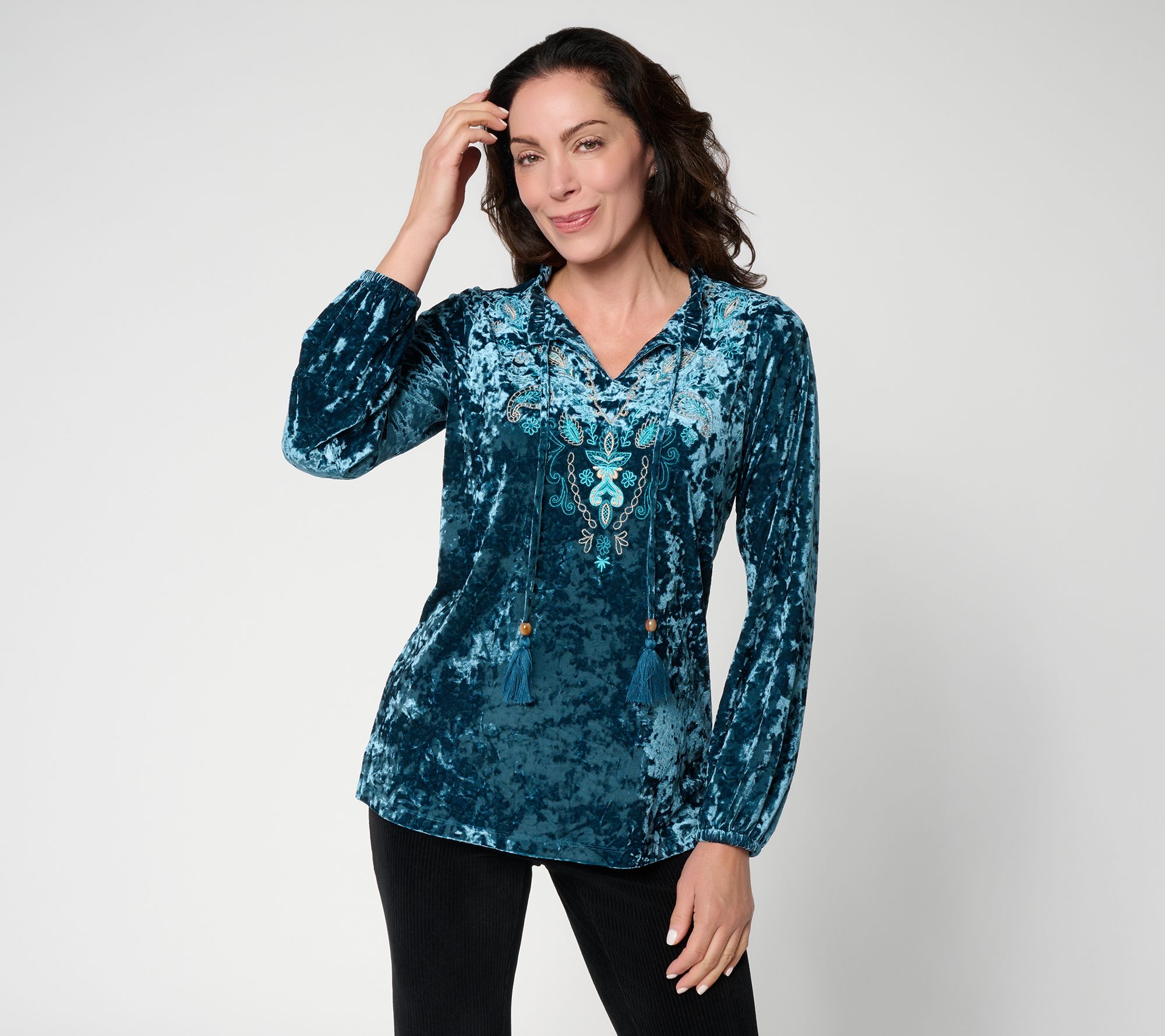 Belle Boho by Kim Gravel Crushed Velvet Garden Embroidered Top