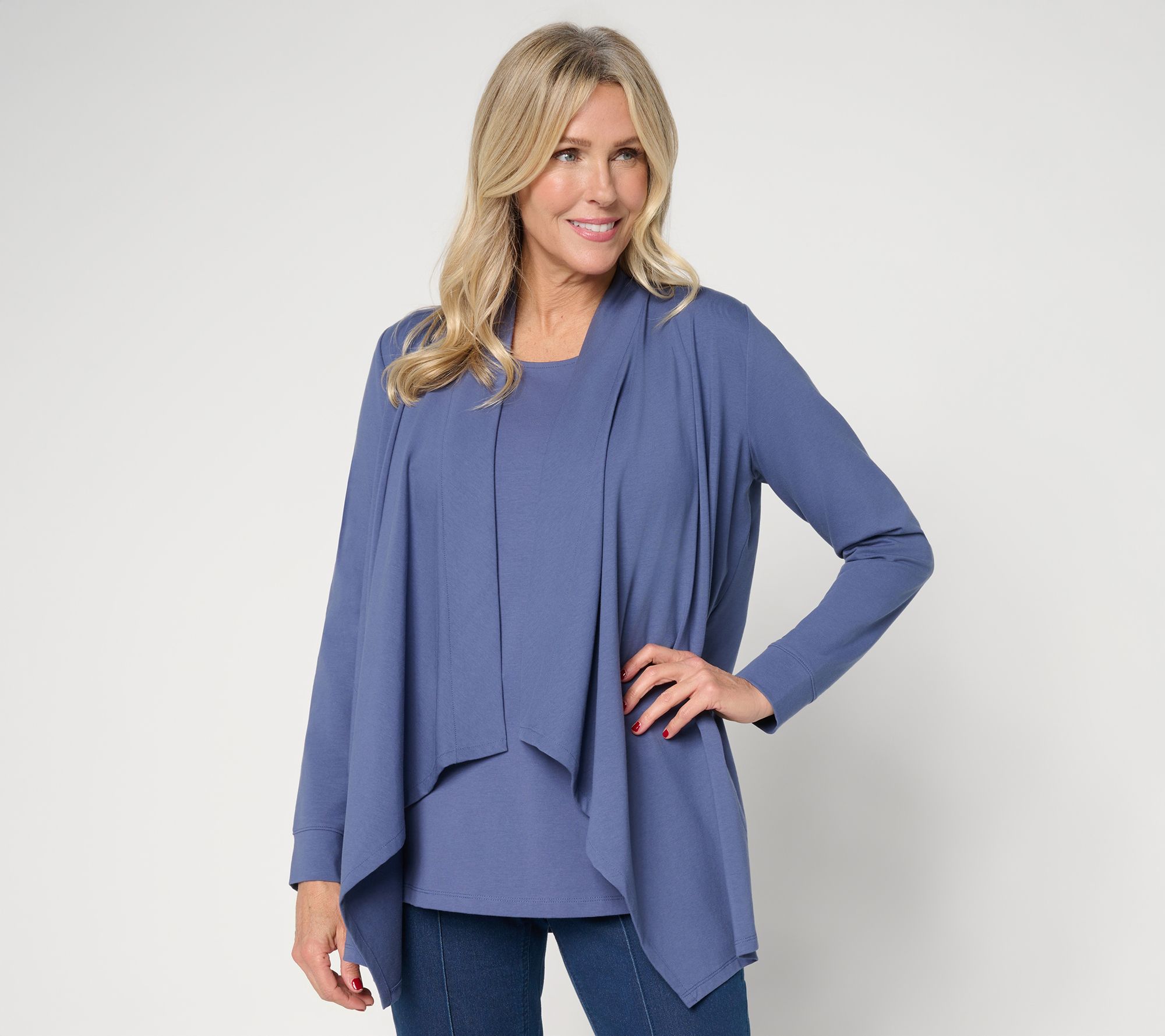 "As Is" Denim & Co. Essentials Petite Perfect Jersey Draped Cardigan