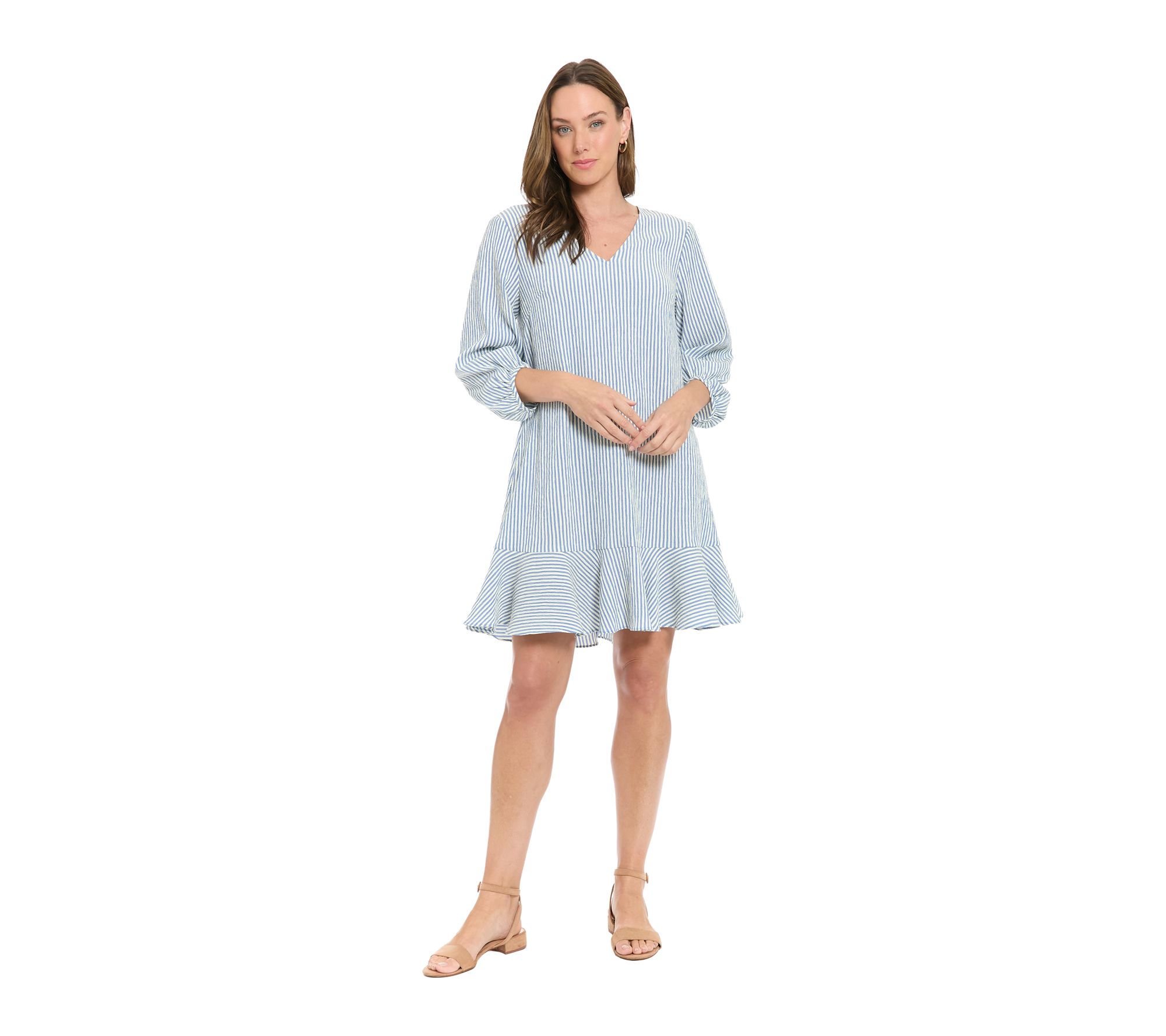 London Times V-Neck High Low Bishop Flounce Shift Dress