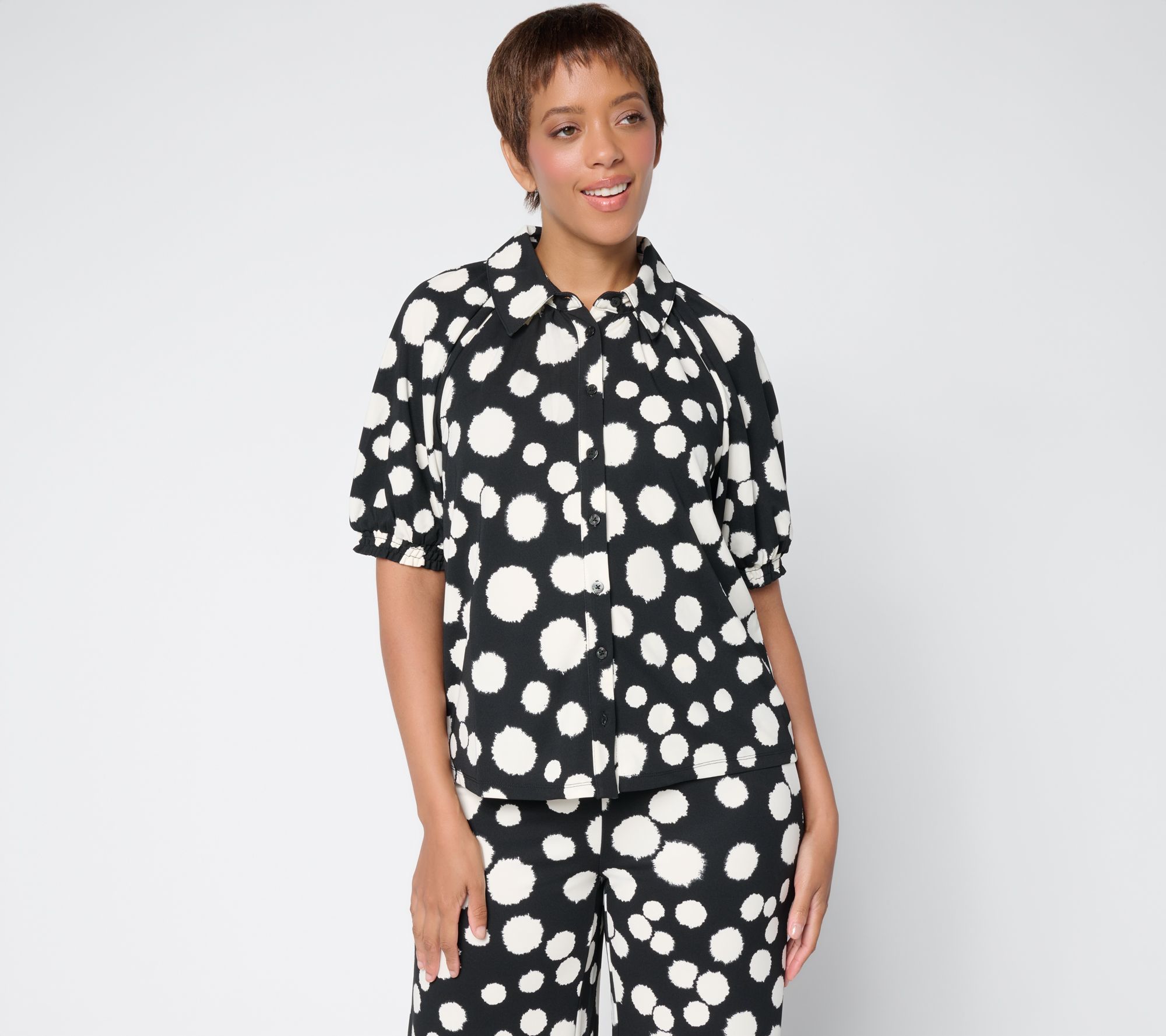 "As Is" Nicole by Nicole Miller Matte Jersey Printed Puff Sleeve Top