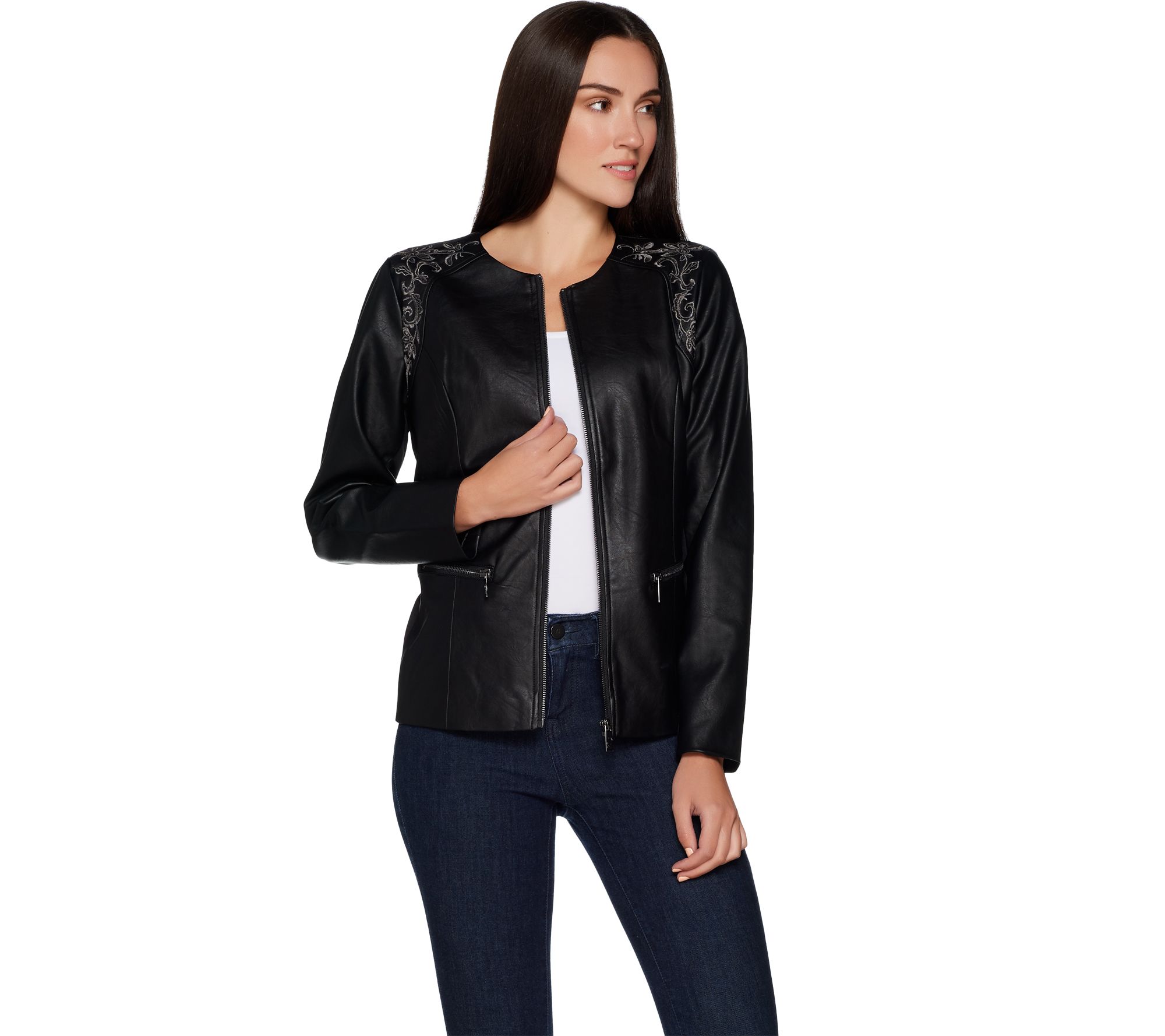 Belle by Kim Gravel Faux Leather Jacket with Embroidery - Page 1 — QVC.com