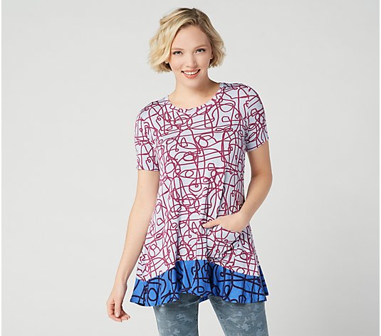LOGO by Lori Goldstein Printed Knit Top with Contrast Hem