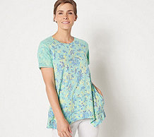  LOGO by Lori Goldstein Printed Top w/ Embroidered Mesh Sleeves - A398756