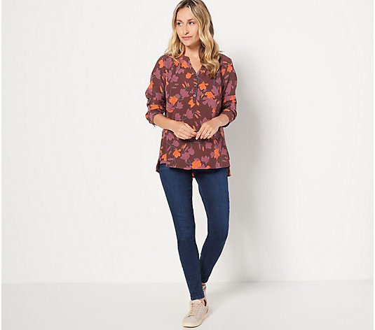 Denim & Co. Printed Y-Neck Henley Blouse with Gathered Neckline