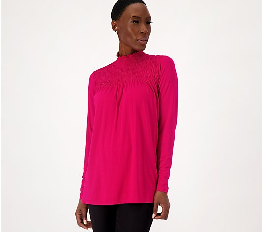 Susan Graver Cool Touch Long Sleeve Mock-Neck Top with Smocking