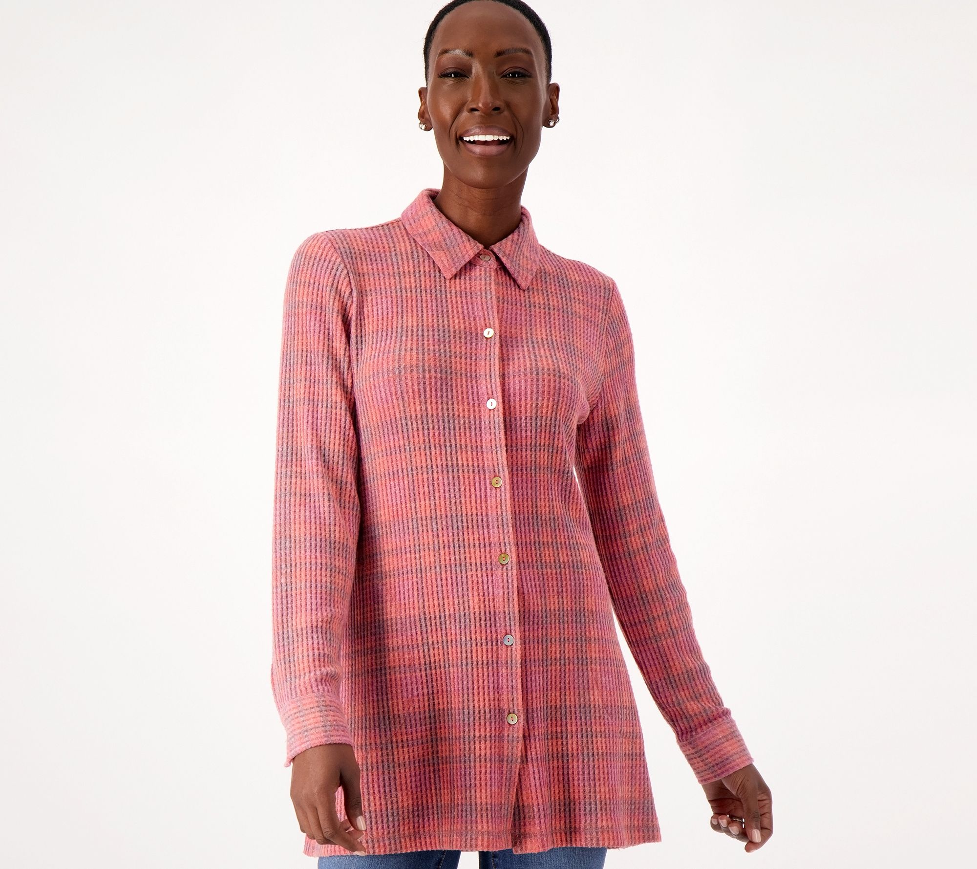 Susan Graver Weekend Petite Printed Brushed Waffle Knit Shirt