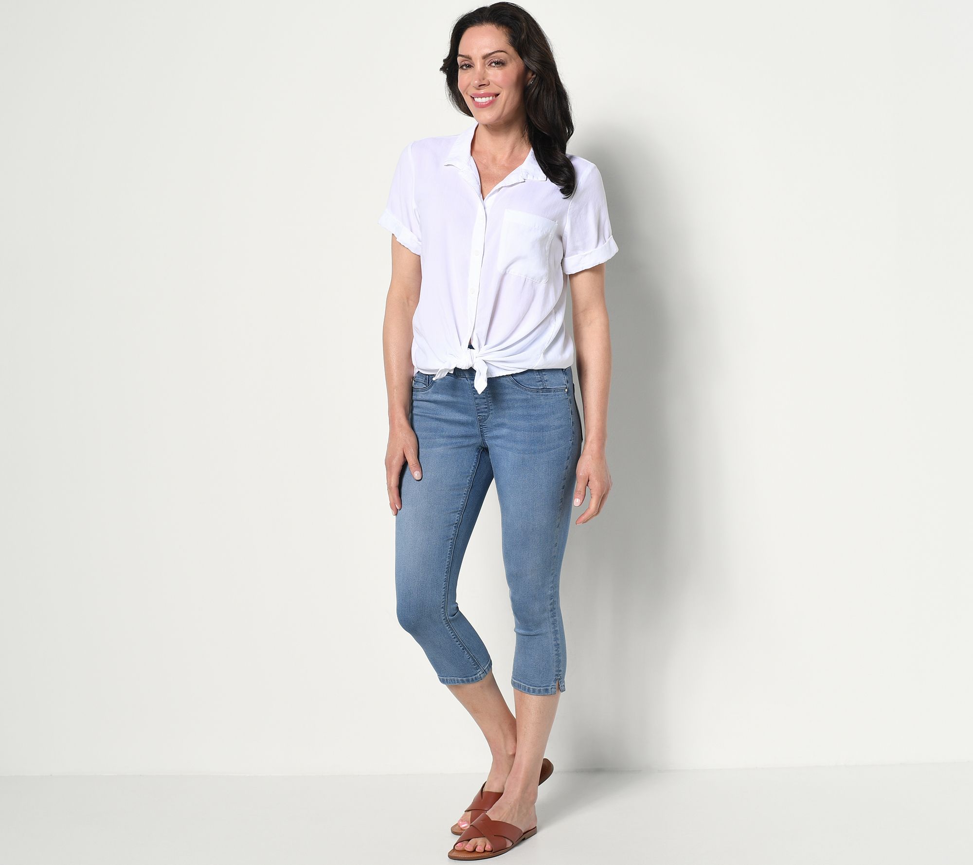 Laurie Felt Silky Denim Regular Pull-On Embroidered Capri w/ Cuff