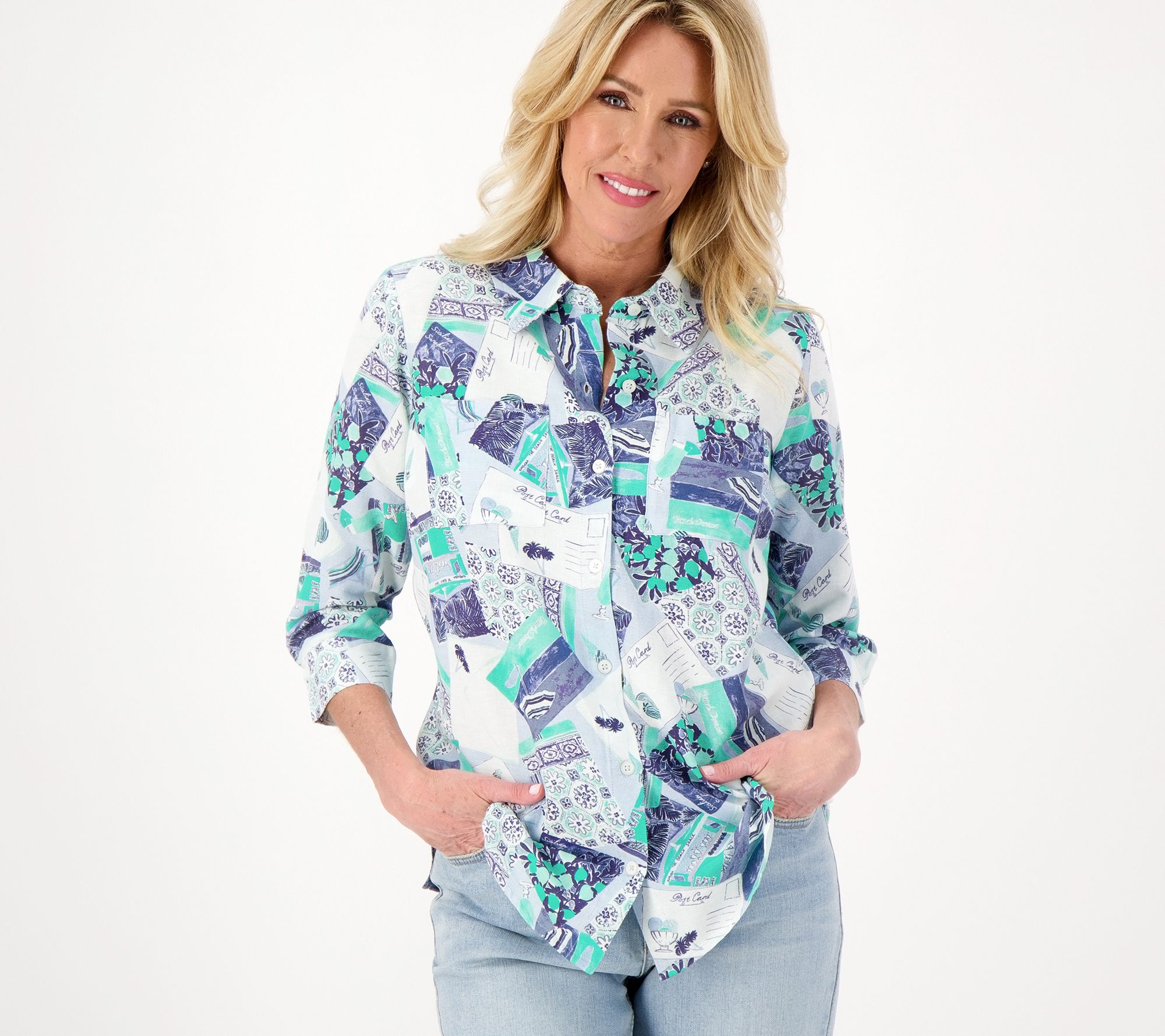 Denim & Co. Printed Cotton Linen Button Down 3/4 Sleeve Shirt