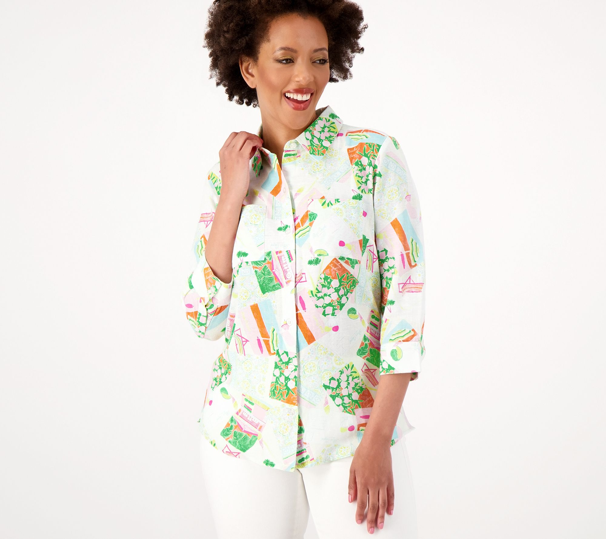 Denim & Co. Printed Cotton Linen Button Down 3/4 Sleeve Shirt