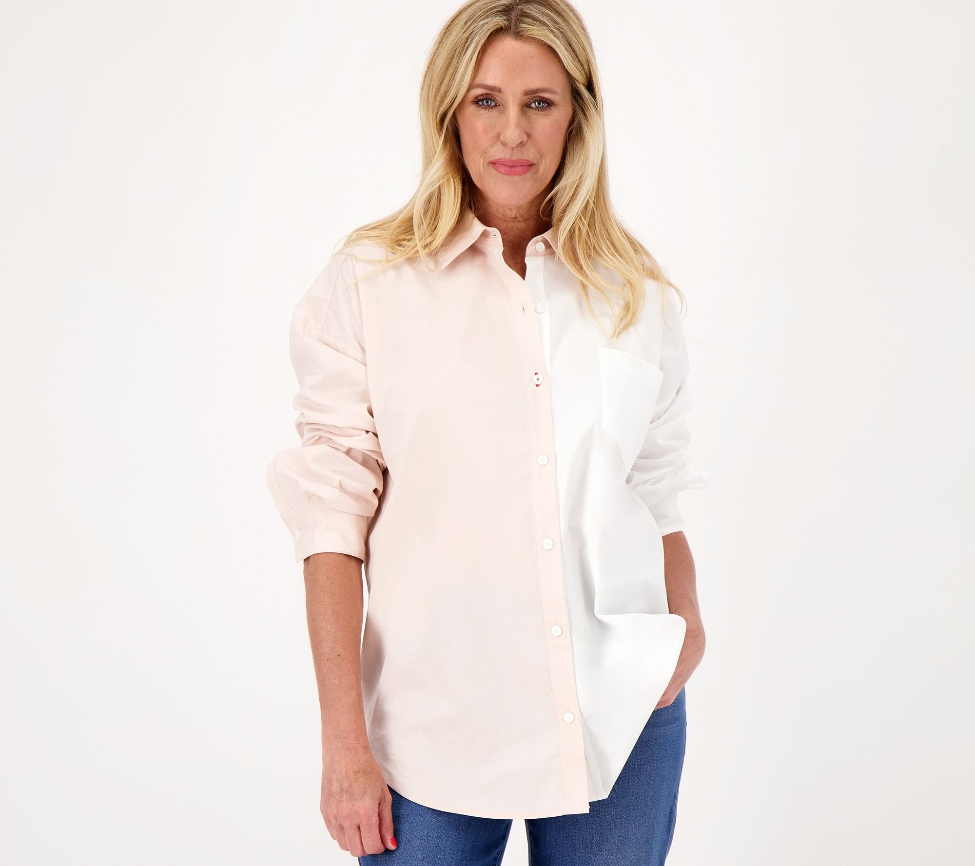 "As Is" Peace Love World Two Tone Boyfriend Button Front Shirt