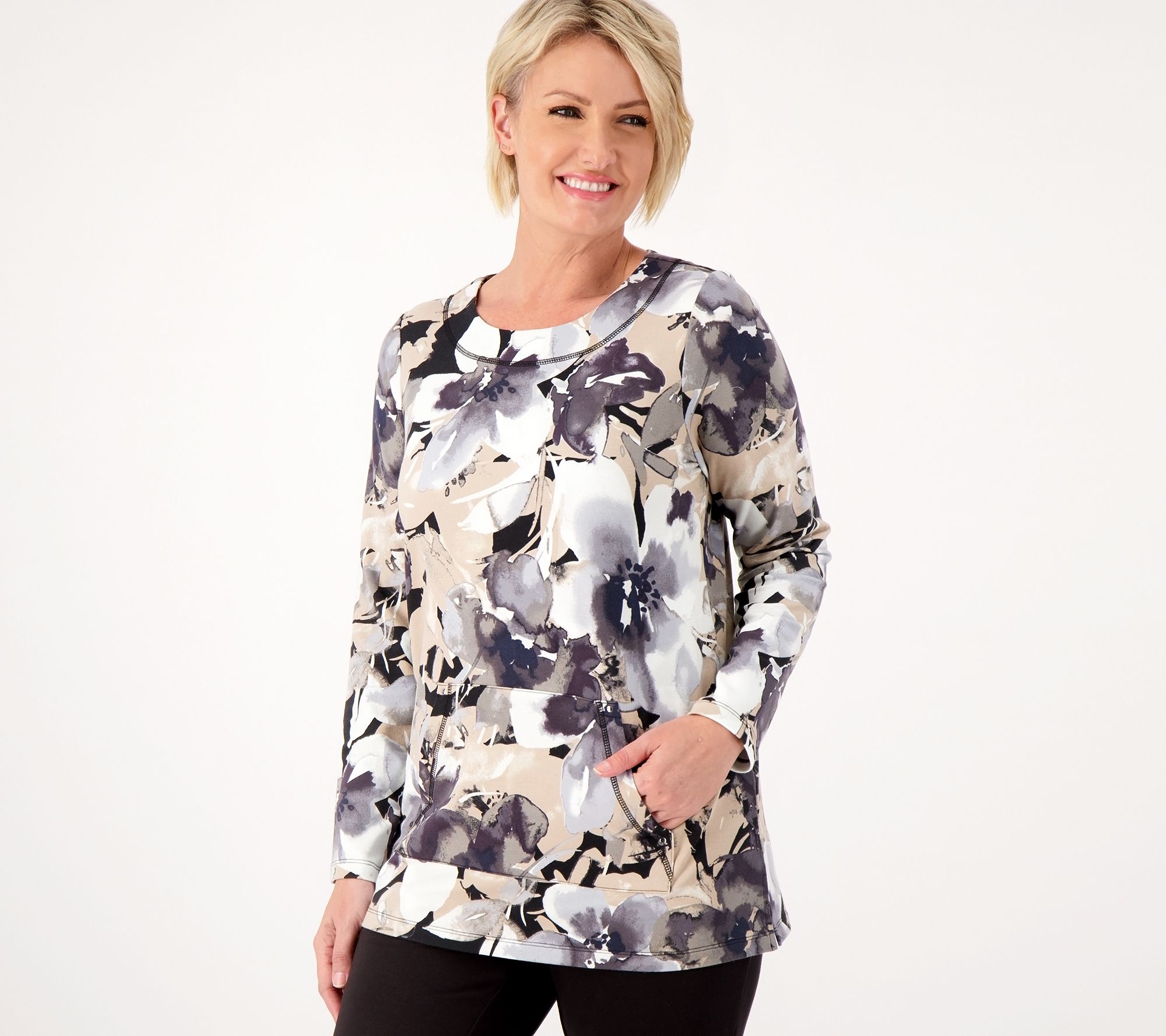 "As Is" Sport Savvy All Day French Terry Floral Pocket Pullover