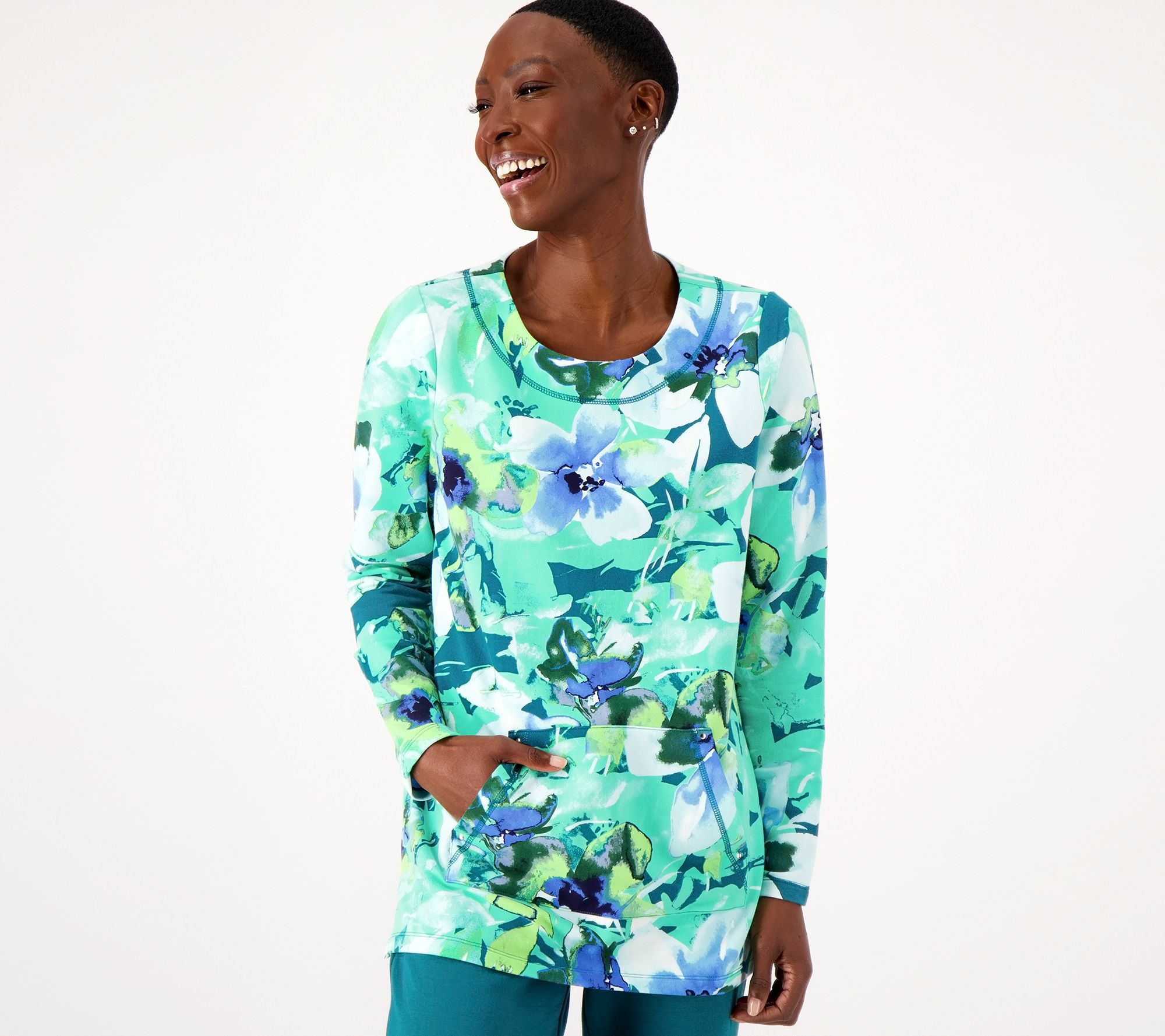 "As Is" Sport Savvy All Day French Terry Floral Pocket Pullover